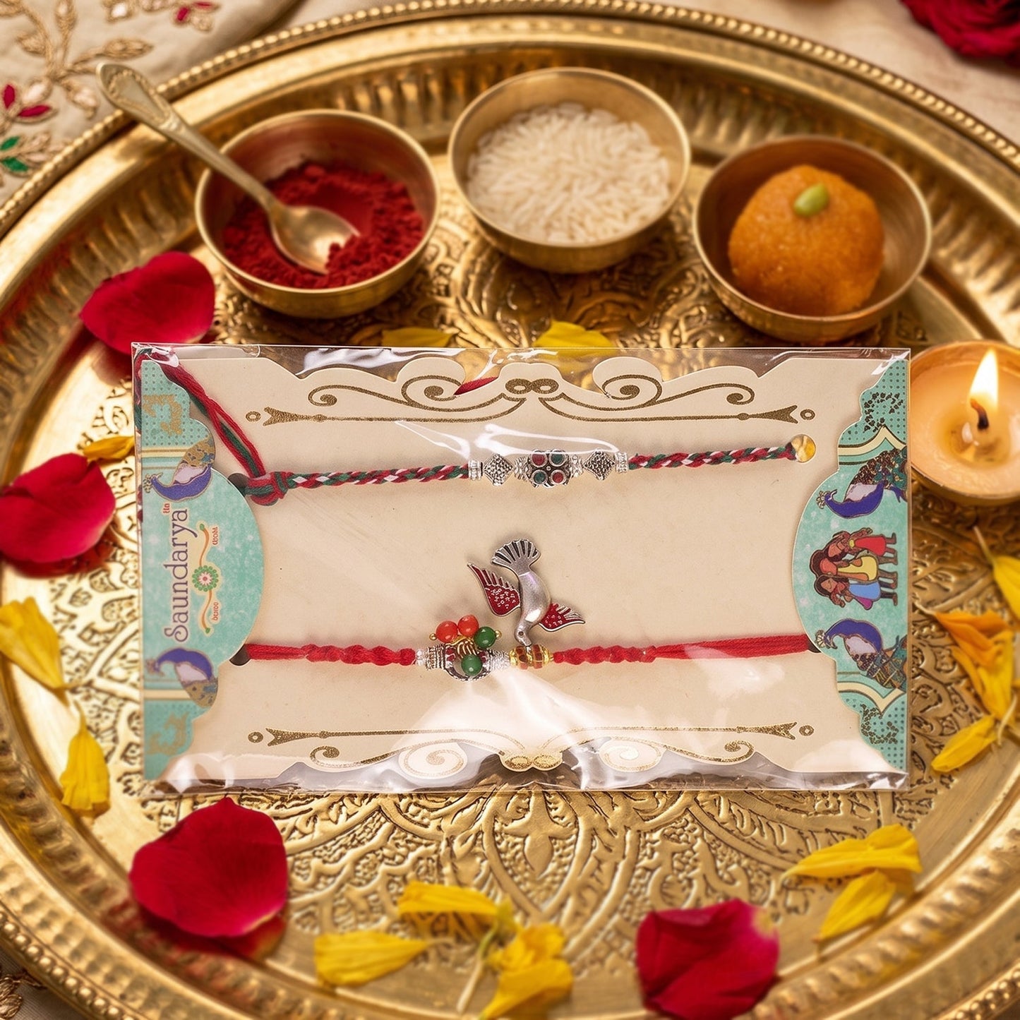Bhabhi Rakhi displayed on white background, showcasing craftsmanship