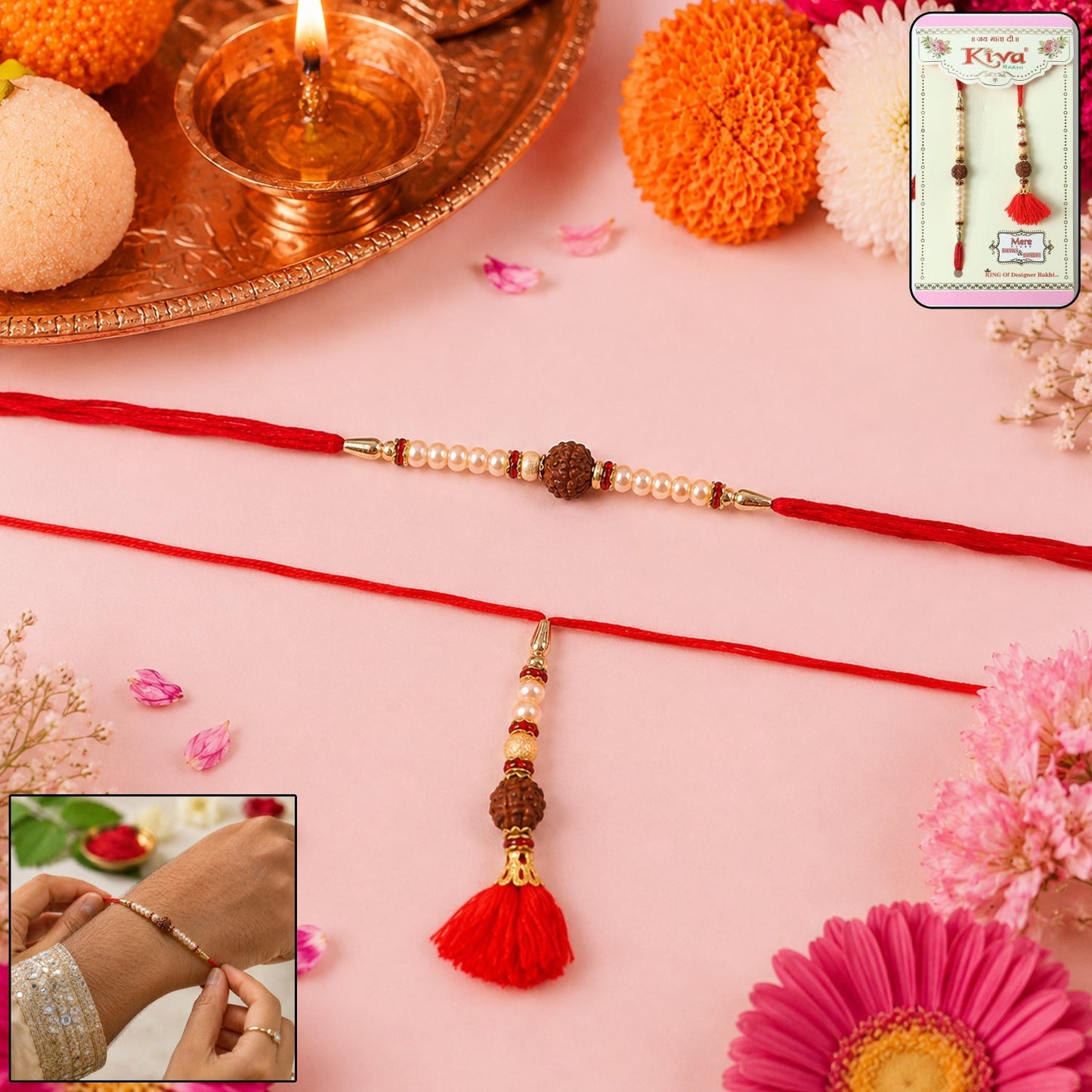 Elegant brown bead Bhabhi Rakhi with red tassel and traditional design