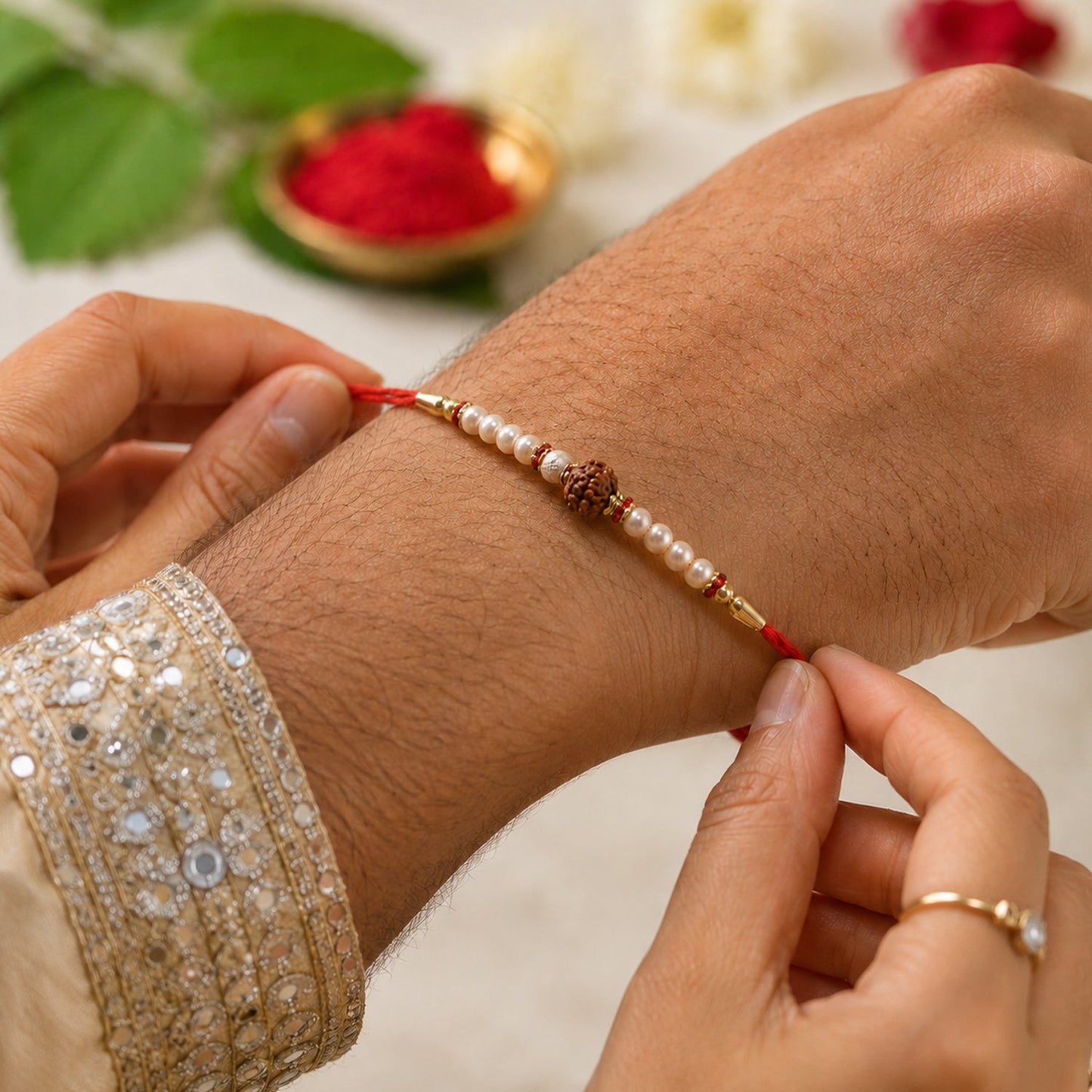 Handcrafted brown bead Bhabhi Rakhi featuring vibrant red tassel