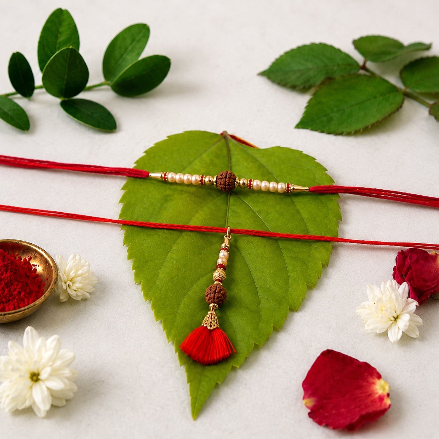 Close-up of brown bead Bhabhi Rakhi with red tassel latkan