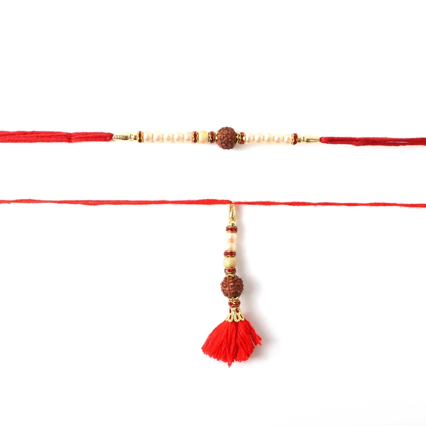 Stylish brown bead Bhabhi Rakhi with intricate red tassel
