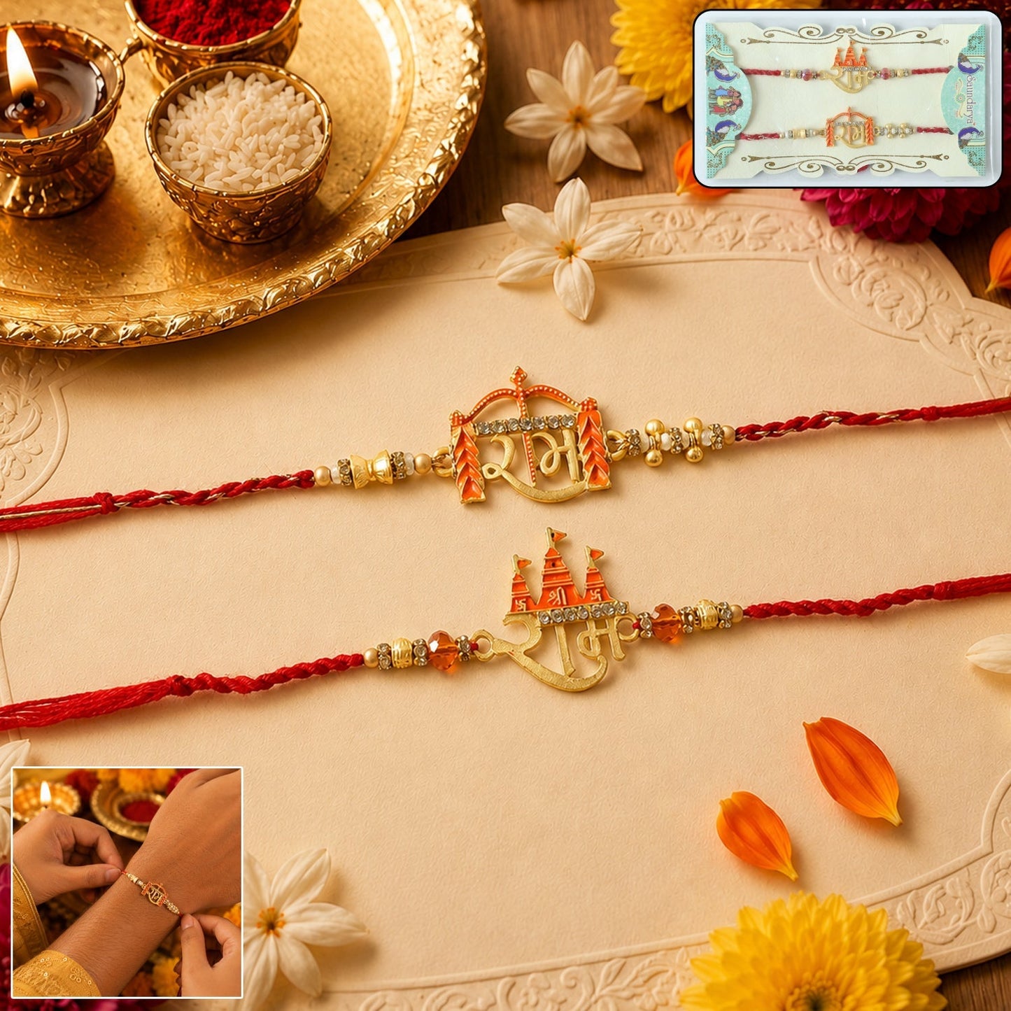 Side view showing thread and decorative elements of Bhabhi Rakhi