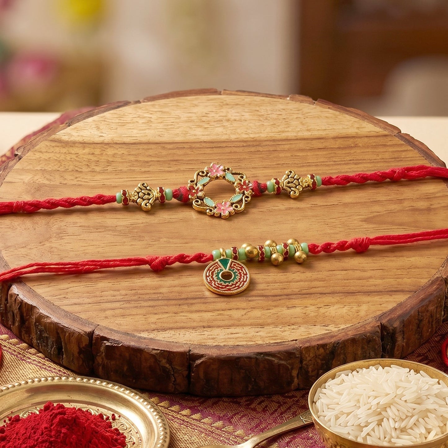 Top view of floral stone Bhabhi Rakhi with pearl hanging detail