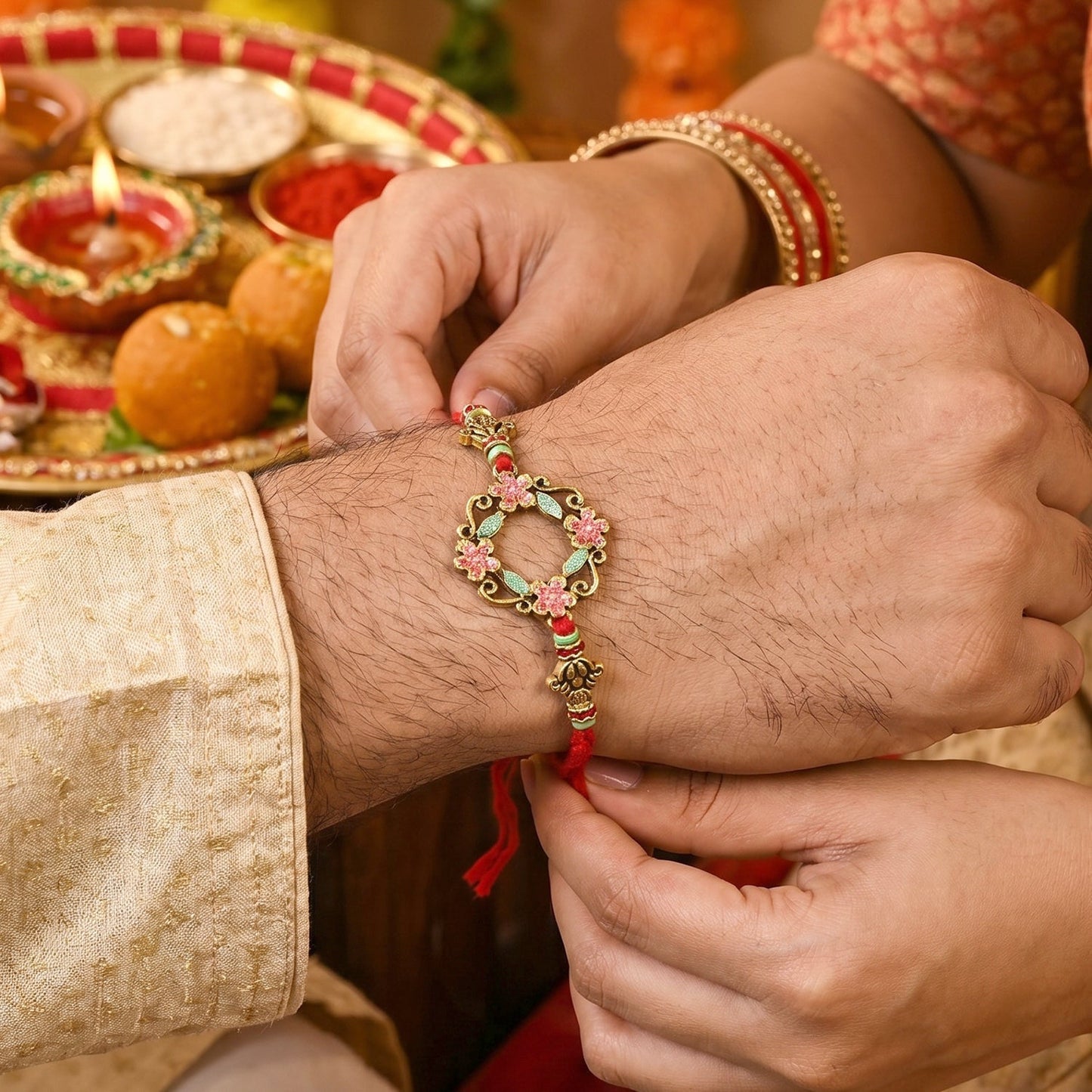 Hand holding Bhabhi Rakhi with floral stones and pearl detail