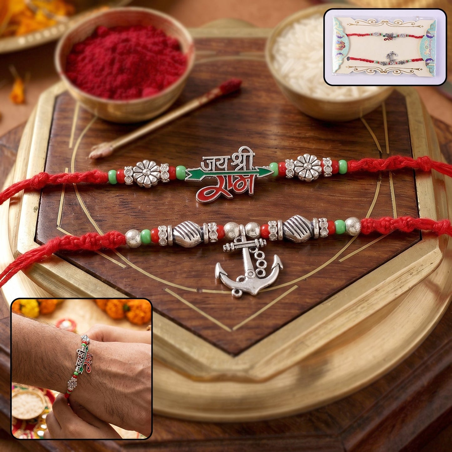 Close-up of Bhaiya Bhabhi Rakhi Pair with silver tone charms