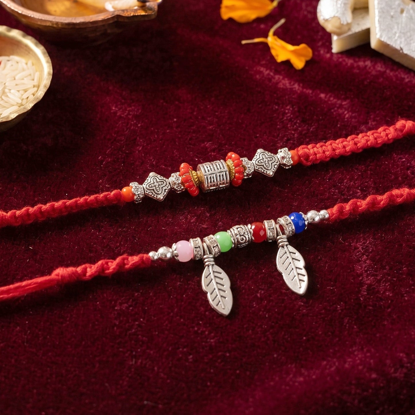 Leaf charm Bhabhi Rakhi with colorful beads close-up