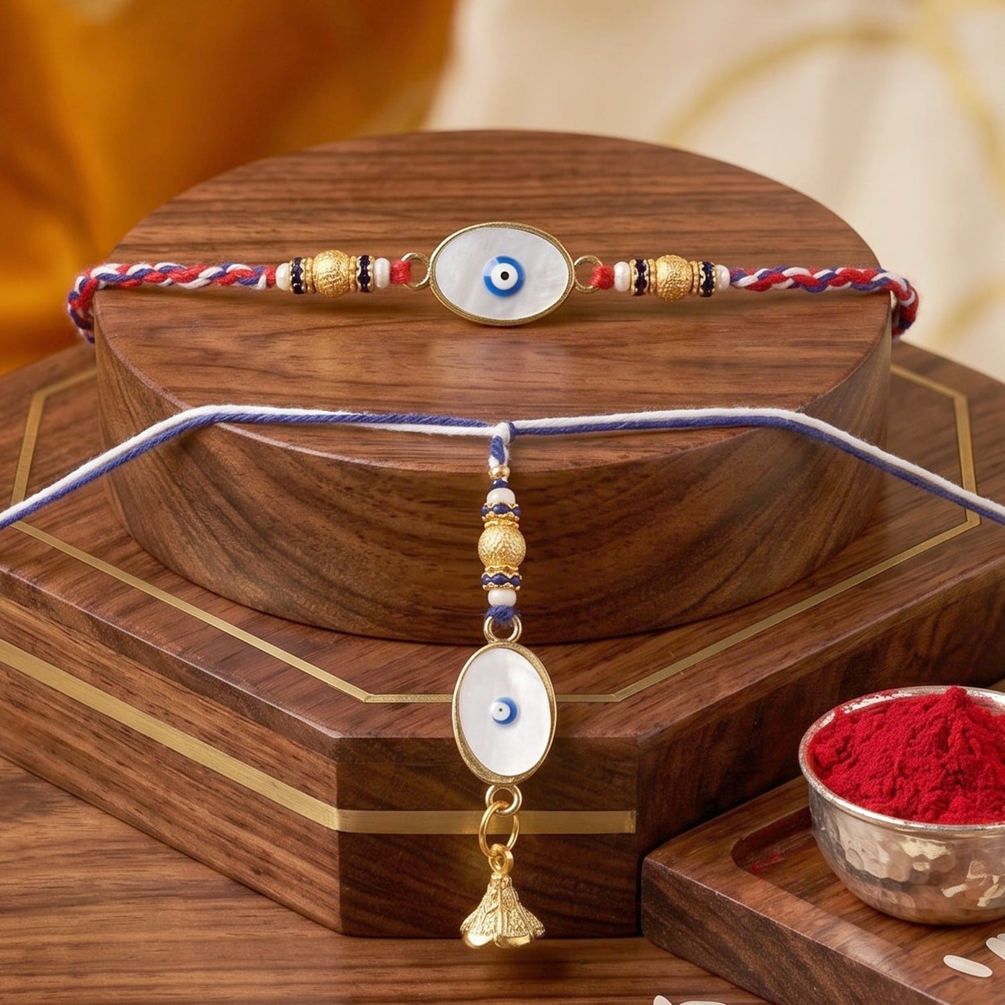 Top view of Evil Eye Bhabhi Rakhi showcasing the white bead latkan and craftsmanship