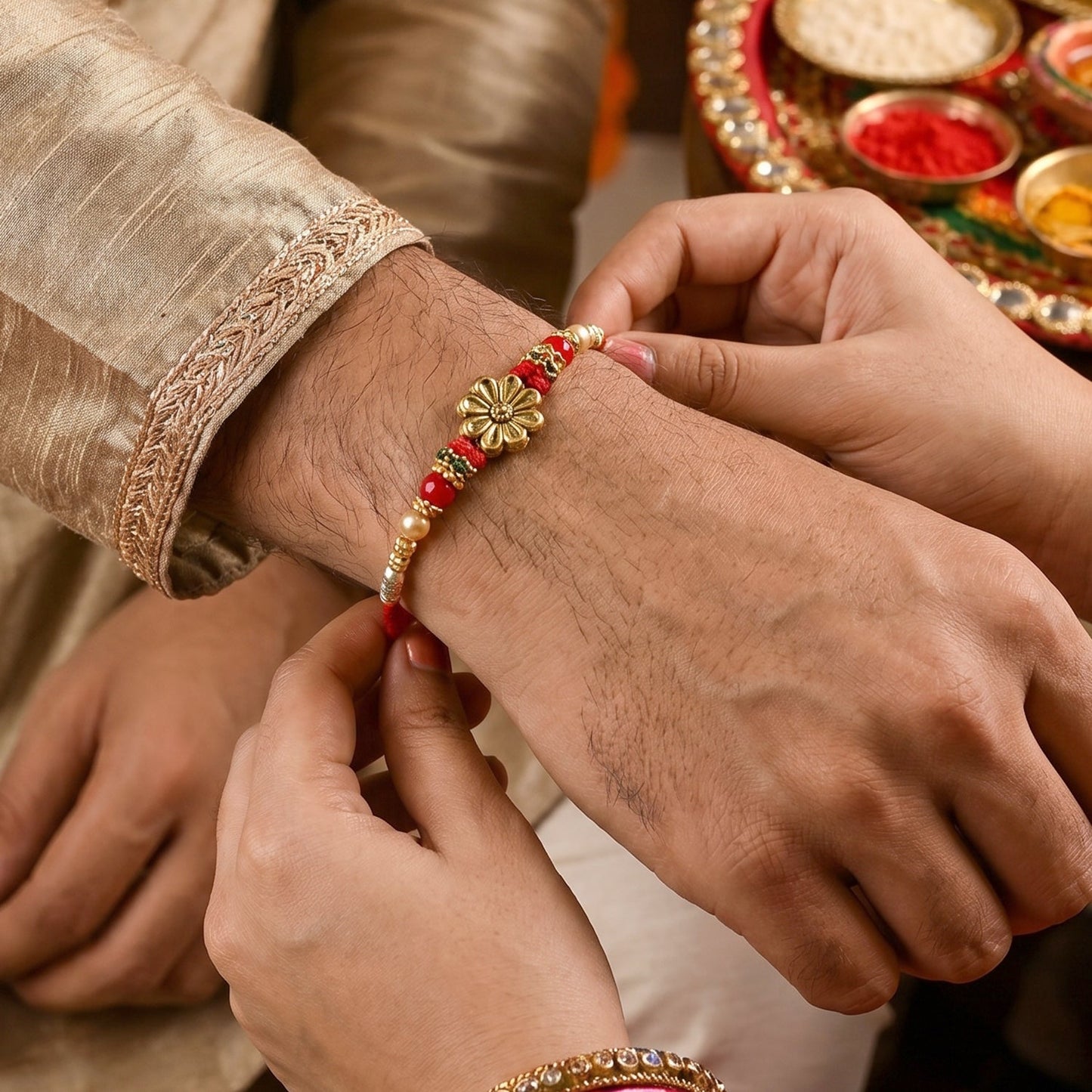 Side view highlighting detailed floral pearl design of Bhabhi Rakhi