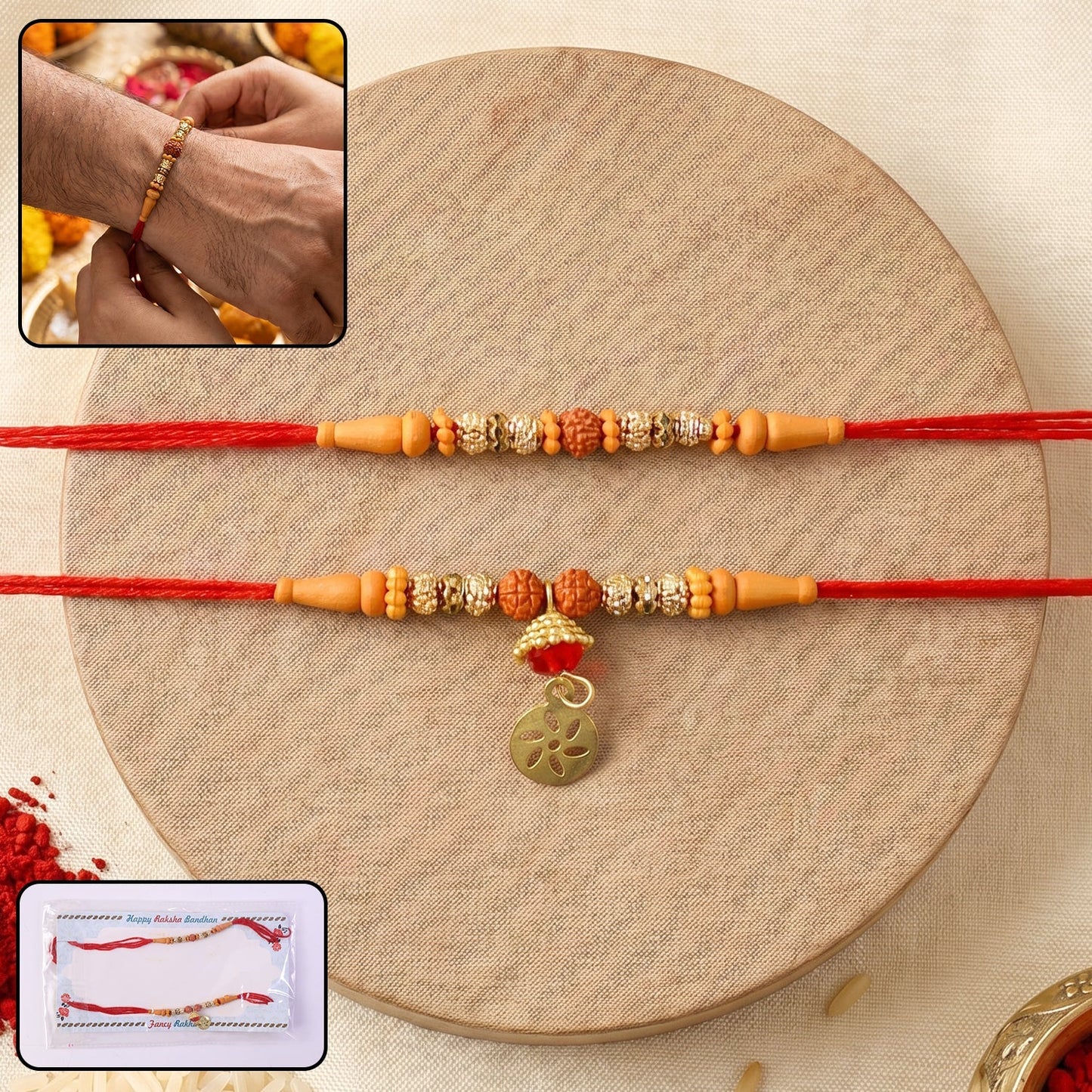 Front view of Rudraksha Bead Bhabhi Rakhi with Om Charm