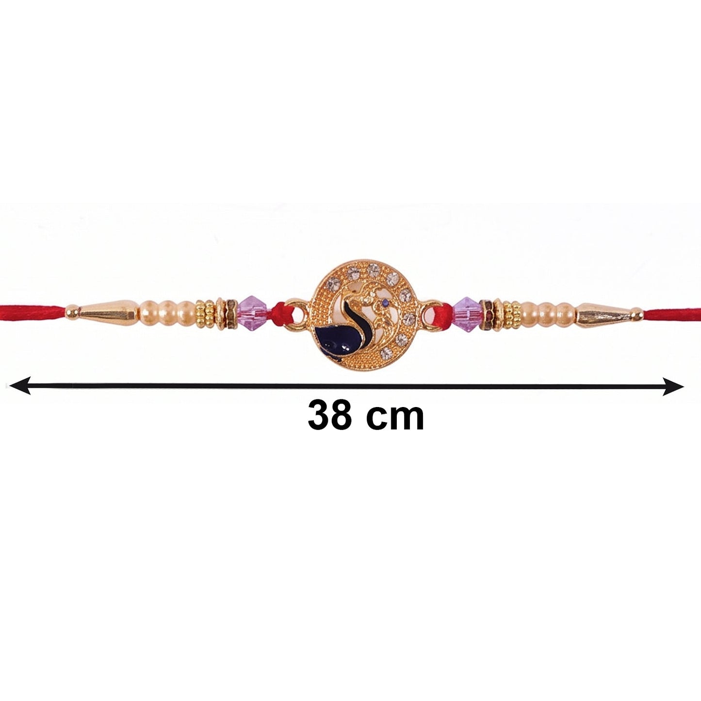 Peacock Stone Bhabhi Rakhi displayed on hand highlighting size and details