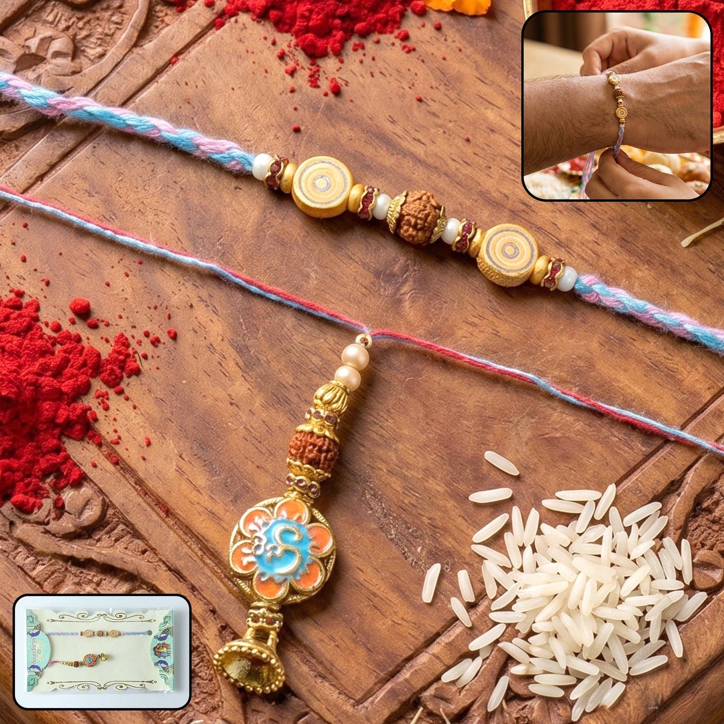 Blue floral Bhabhi Rakhi with colorful thread on white background