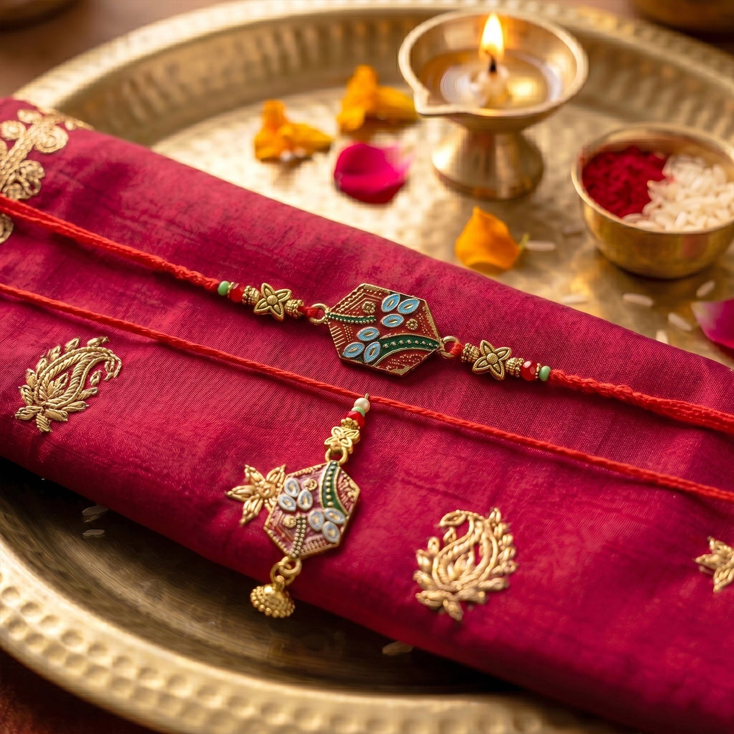 Complete view of Meenakari Pot Bhabhi Rakhi set with multiple angles