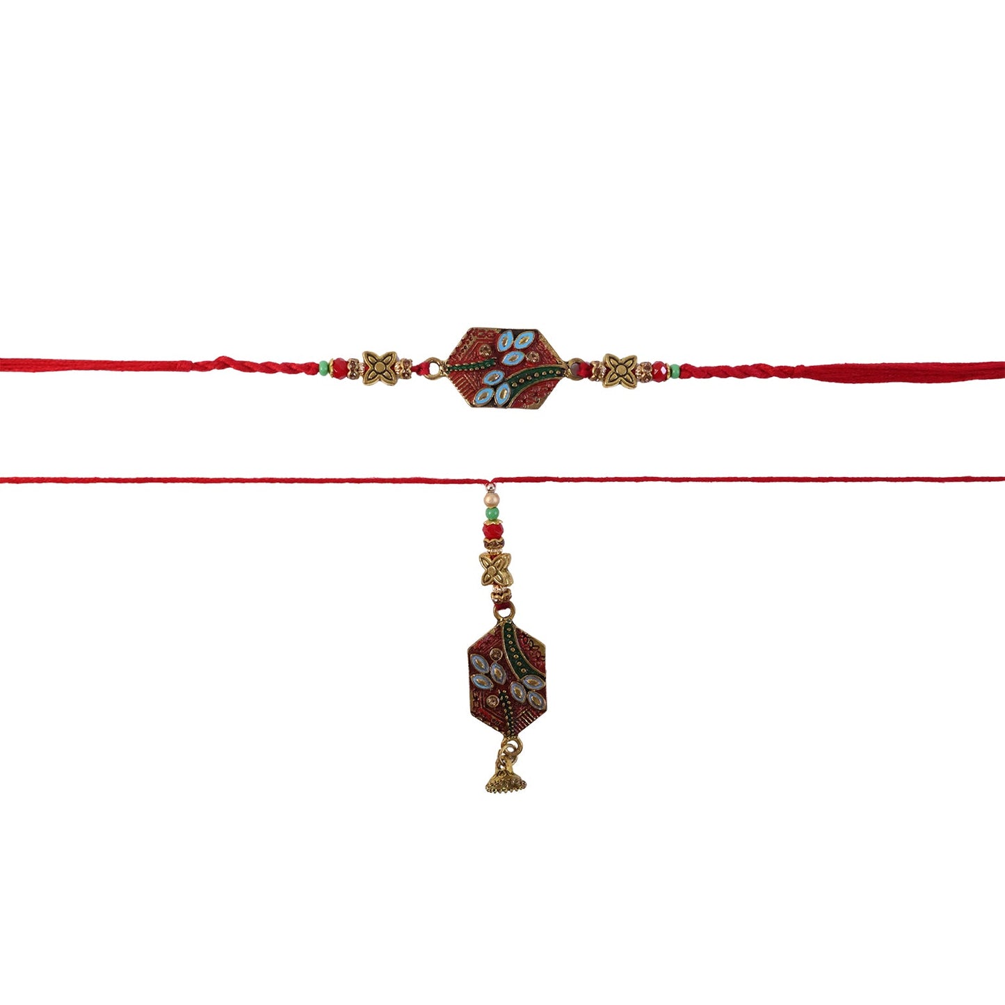 Hand holding Meenakari Pot Bhabhi Rakhi showcasing size and detail