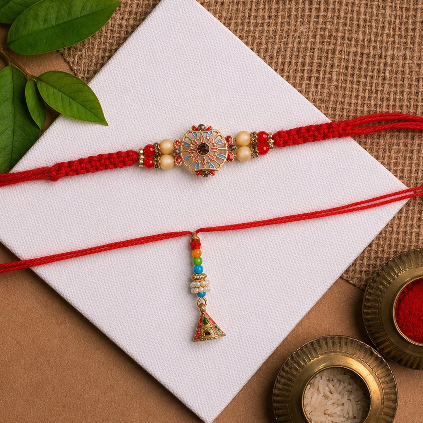 Close-up of Sunflower Stone Bhabhi Rakhi with Bead Latkan showing intricate design