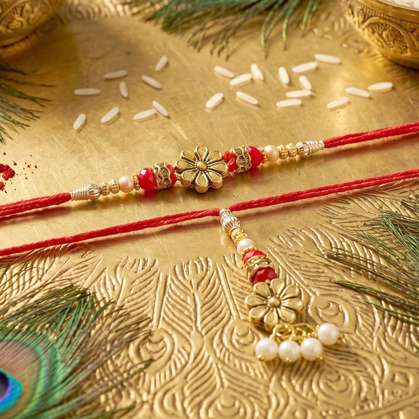 Side view of golden floral Rakhi with pearl beads and traditional design