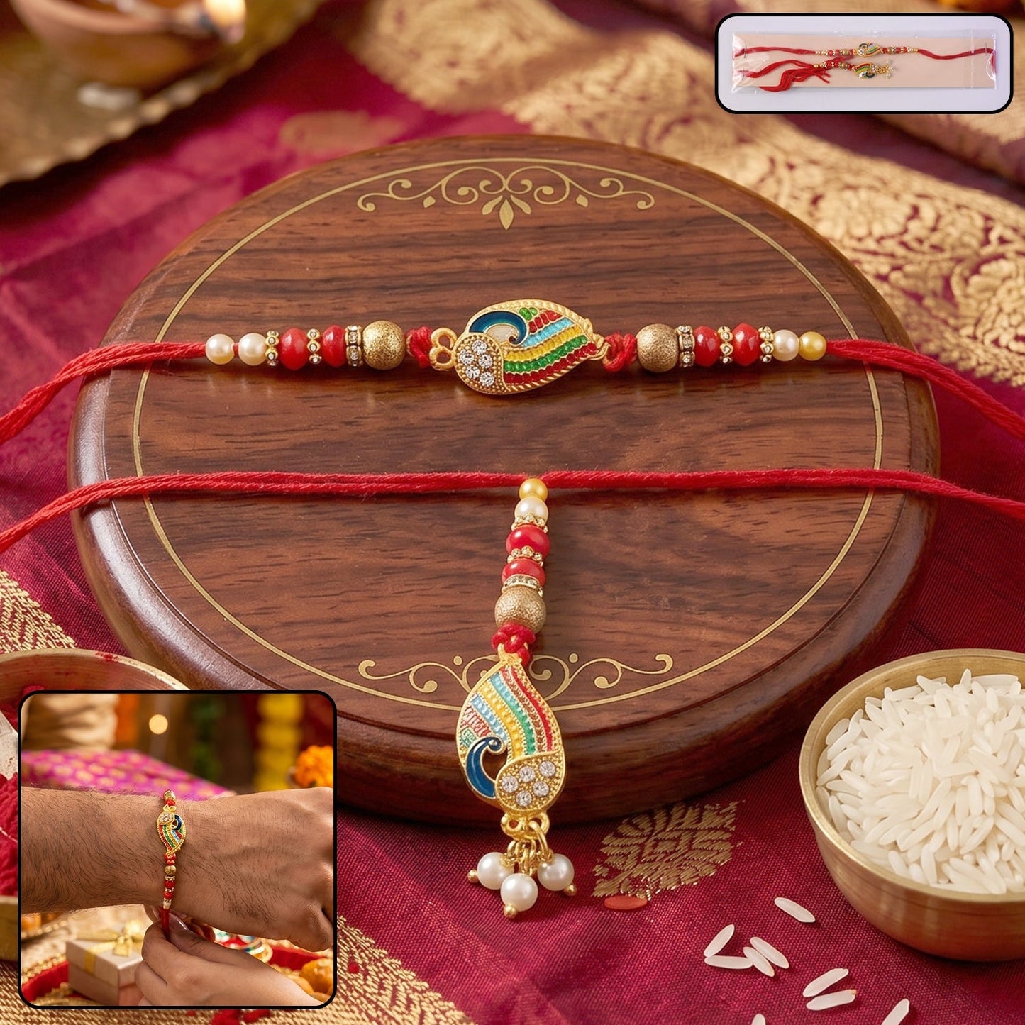 Colorful Peacock Meenakari designer rakhi with pearl beads, front view