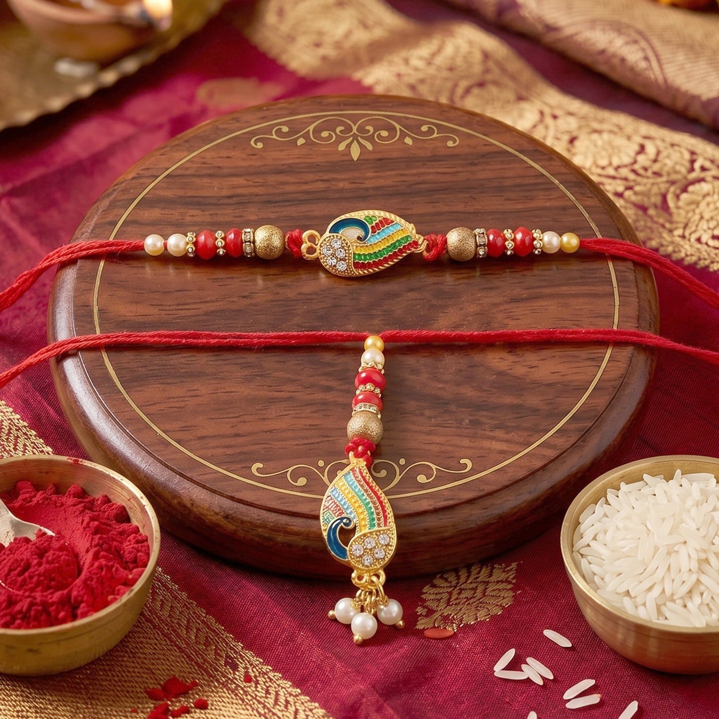 Close-up of peacock design on meenakari rakhi with pearl beads
