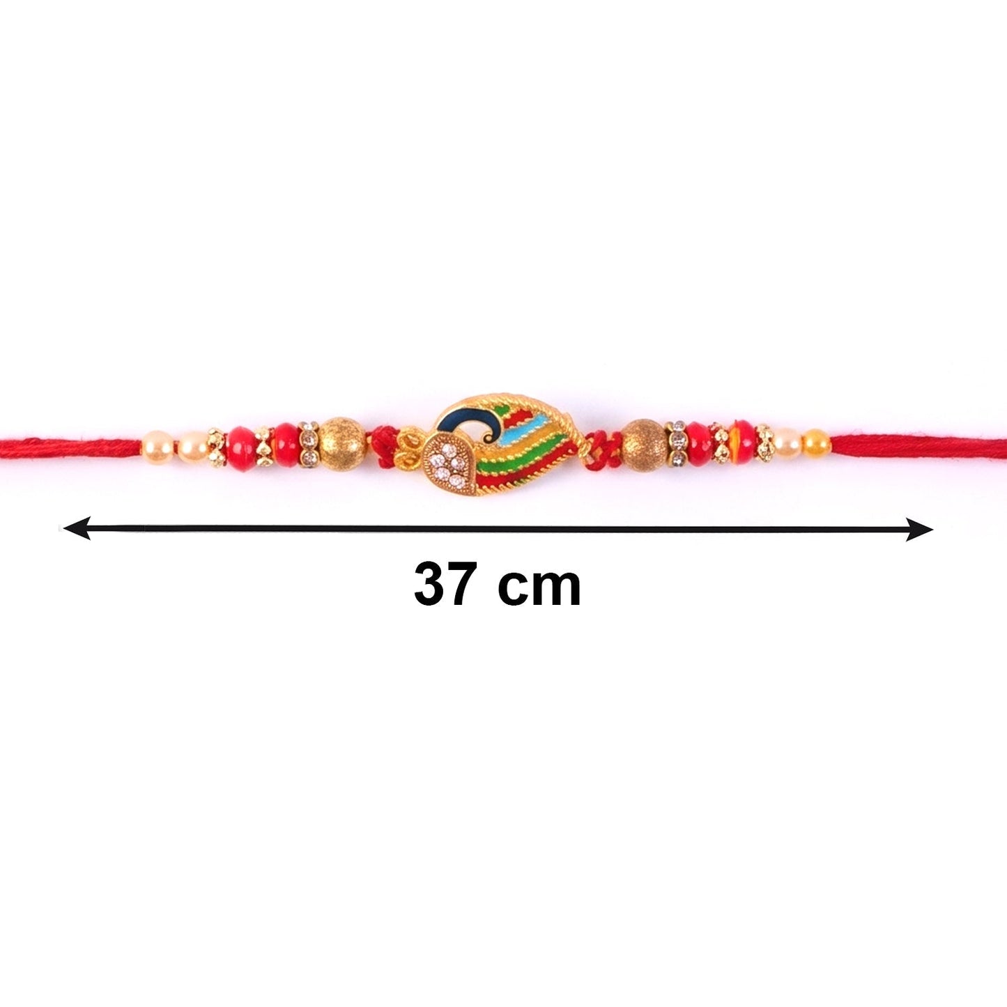 Hand holding colorful Peacock meenakari rakhi, close-up