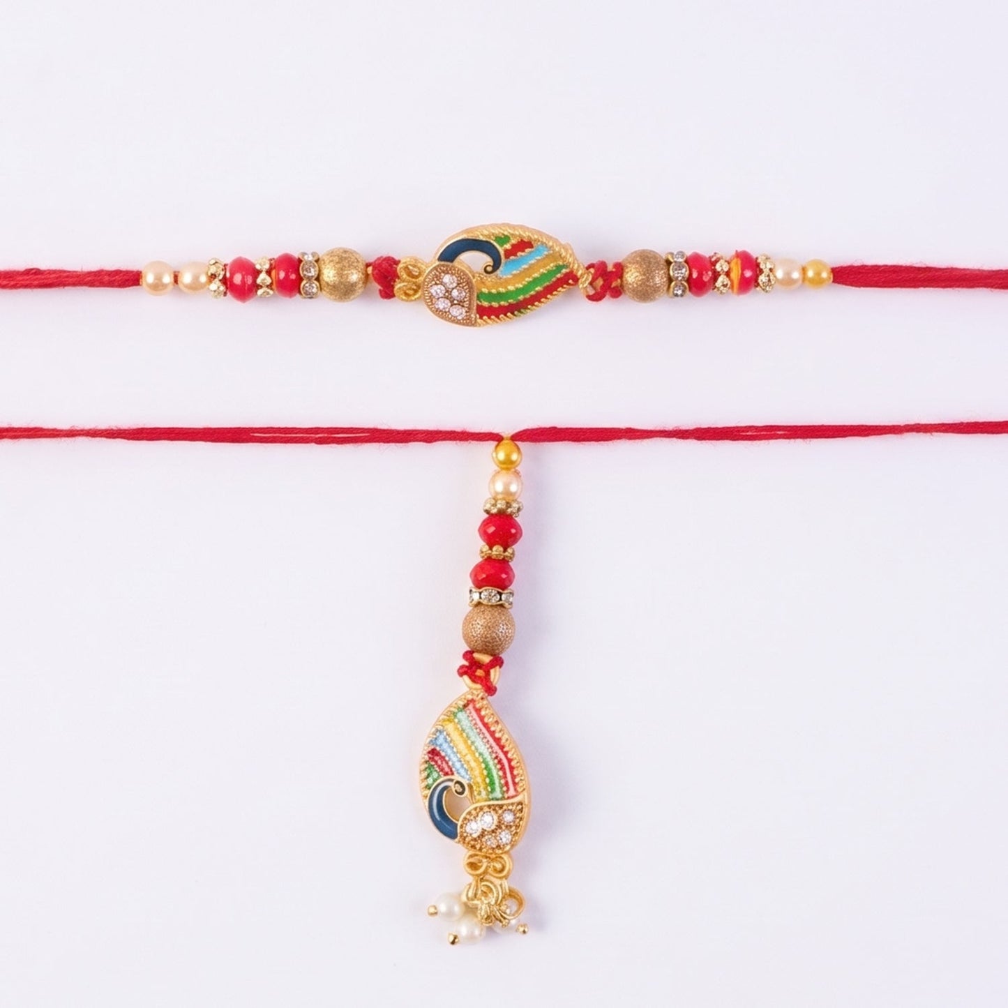 Side view of intricate Peacock meenakari rakhi with details