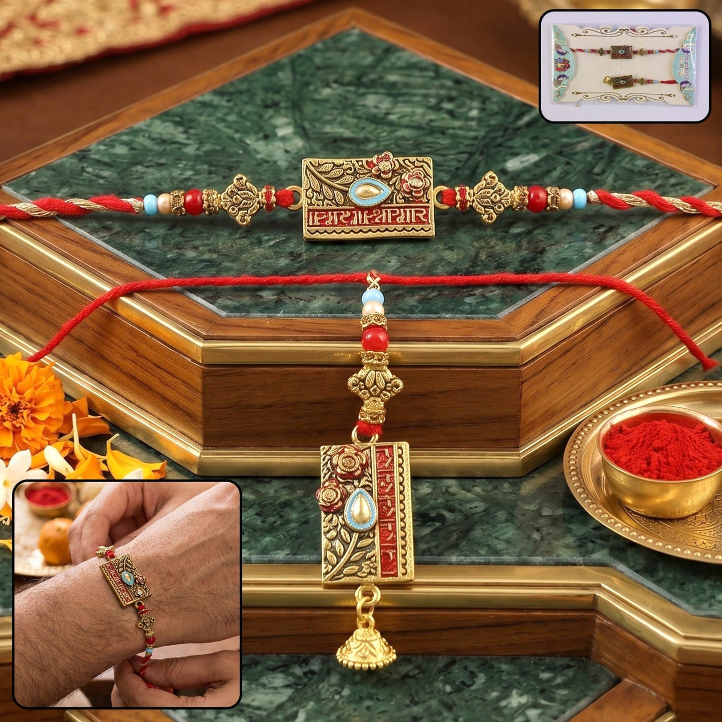 Traditional Peacock Latkan Rakhi with Pearl Beads and intricate design