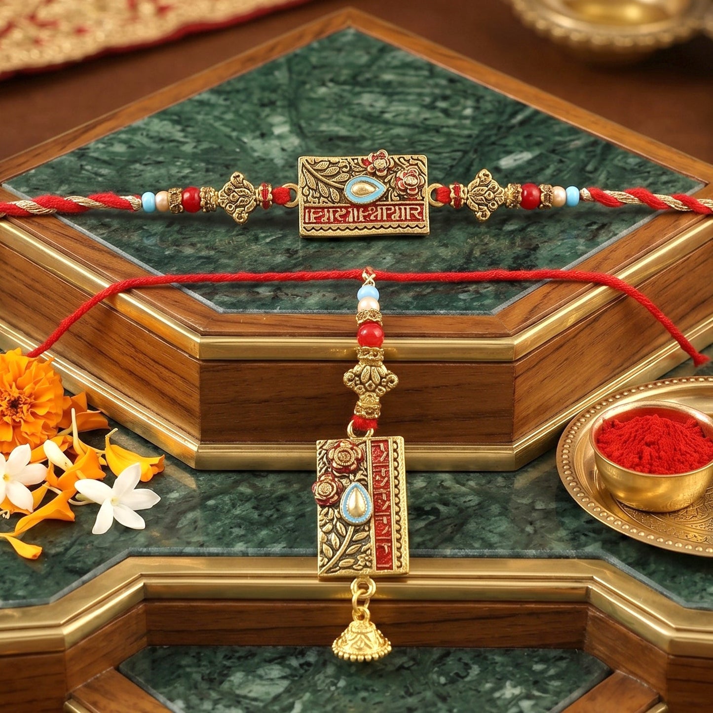 Close-up of Peacock design and beadwork on traditional Rakhi