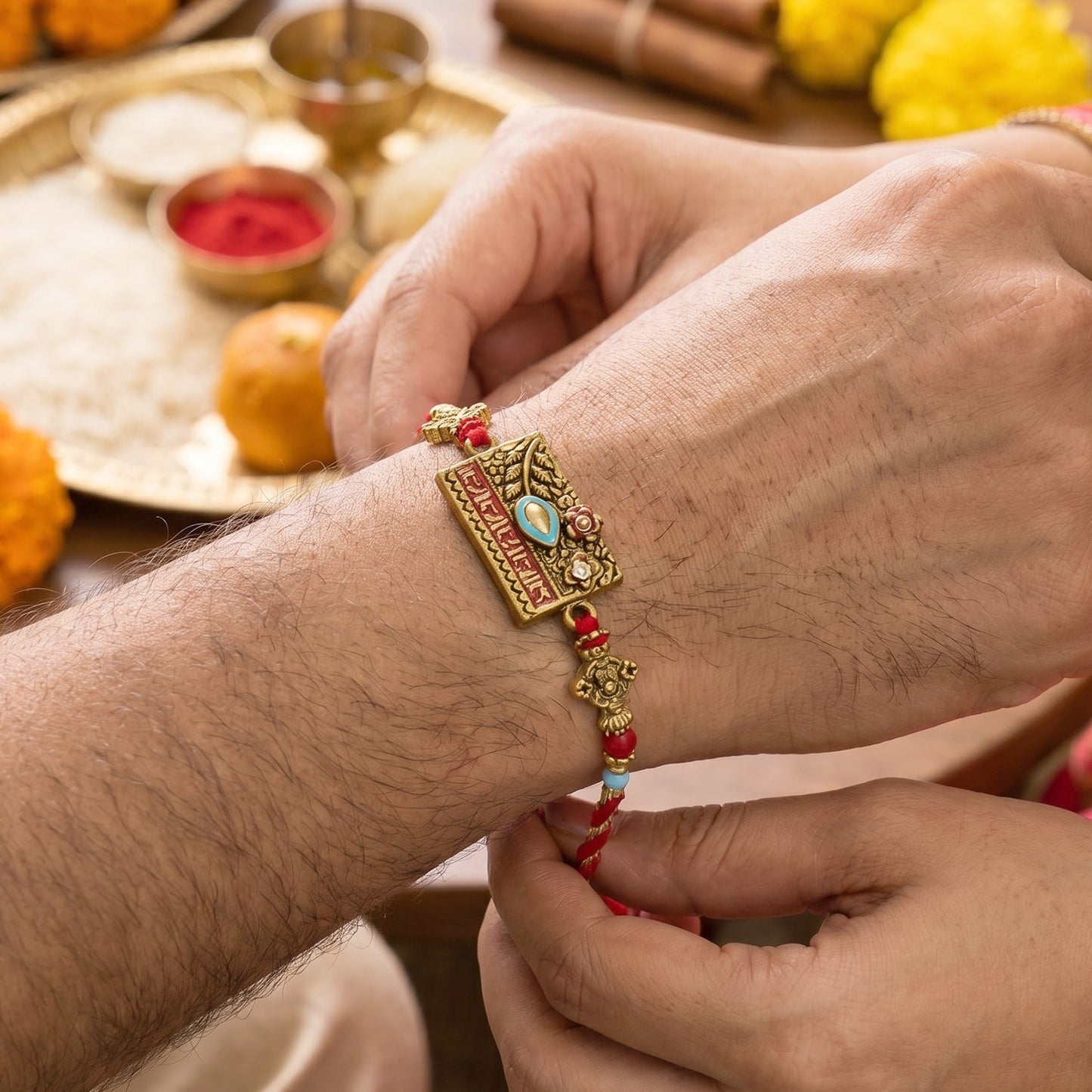 Handcrafted Peacock Latkan Rakhi for Bhabhi with elegant design