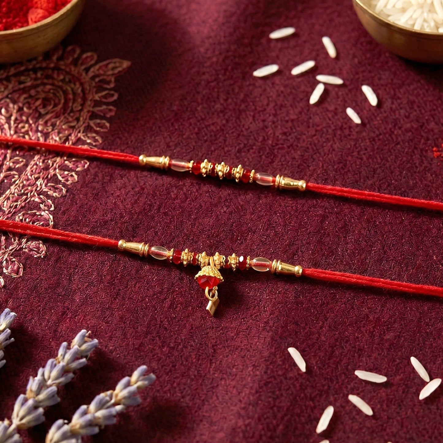 Elegant side view of golden beaded Bhabhi Rakhi with red thread