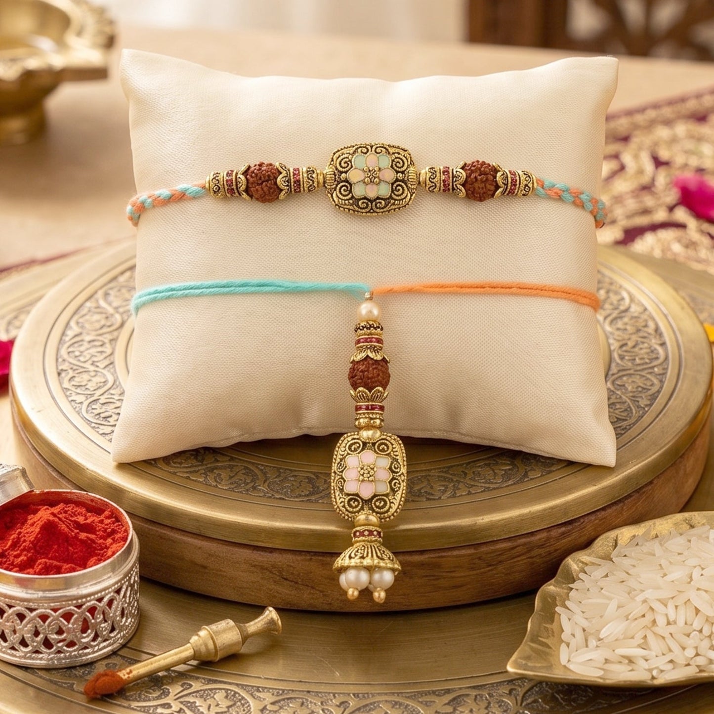 Close-up of Rudraksha and Pearl beads on designer Rakhi