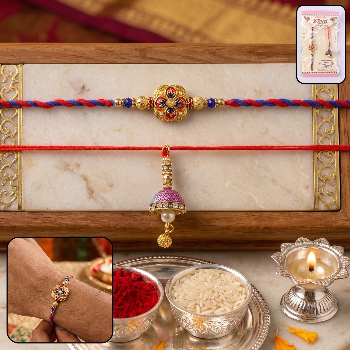 Floral meenakari designer Rakhi with peacock latkan and pearl beads
