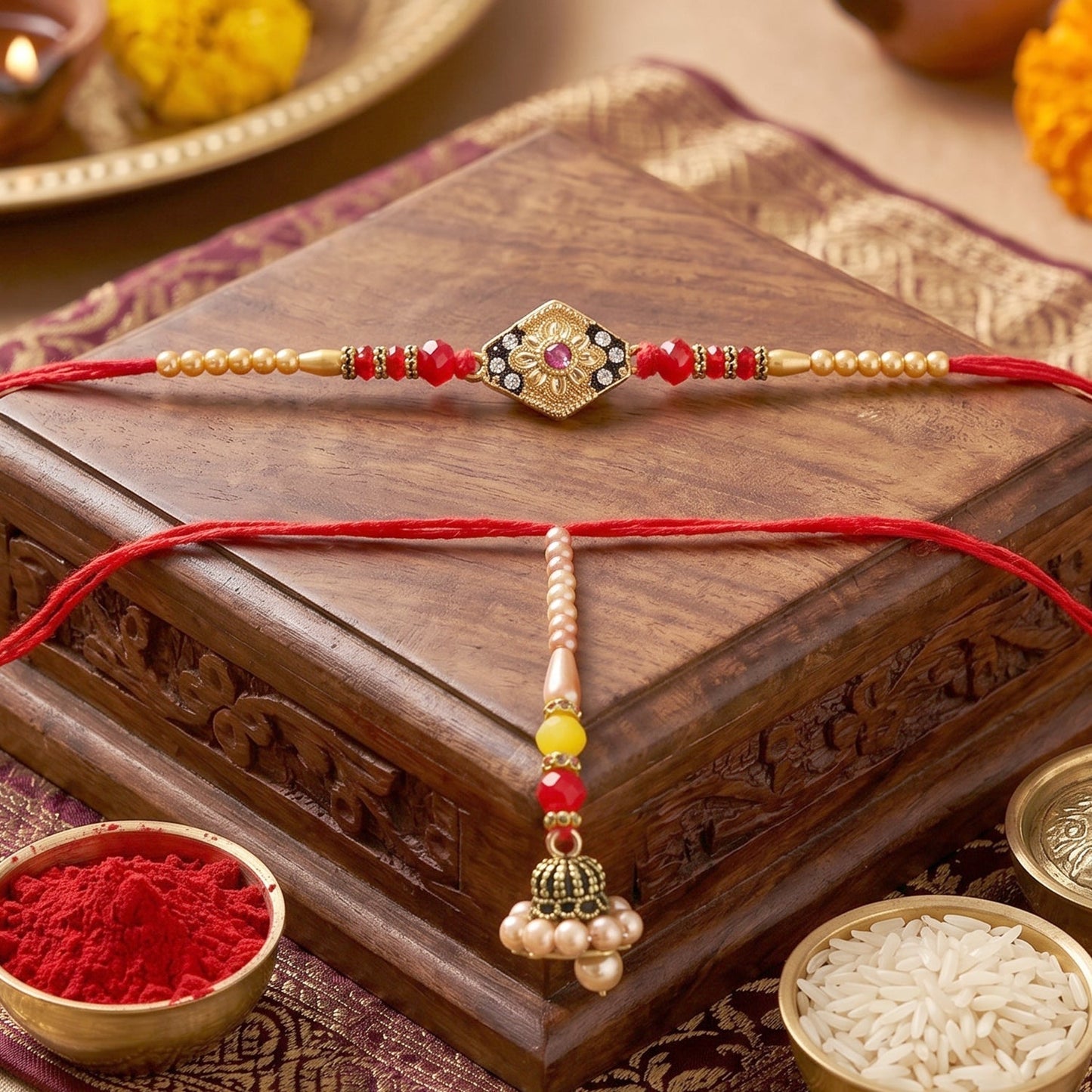 Side angle of diamond stone Rakhi with thread detail