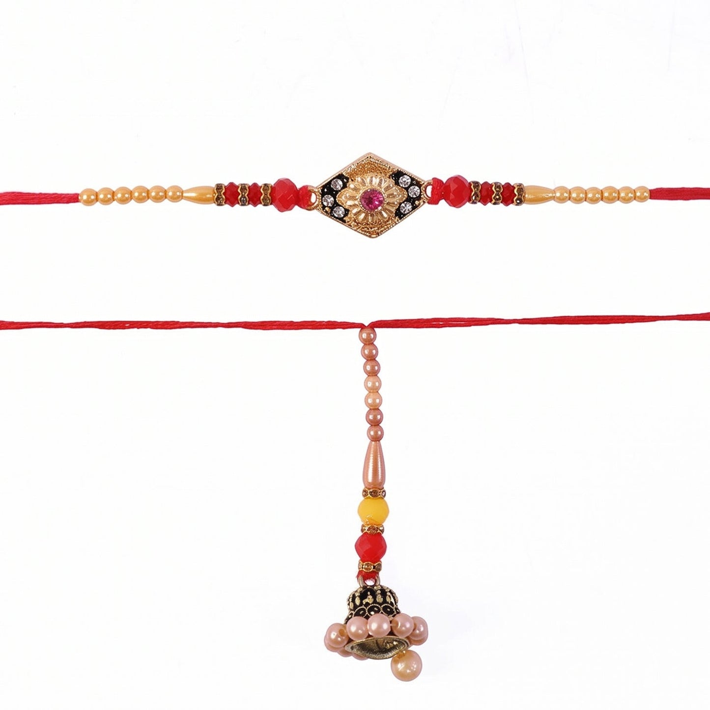 Close-up of pearl bead and diamond Rakhi