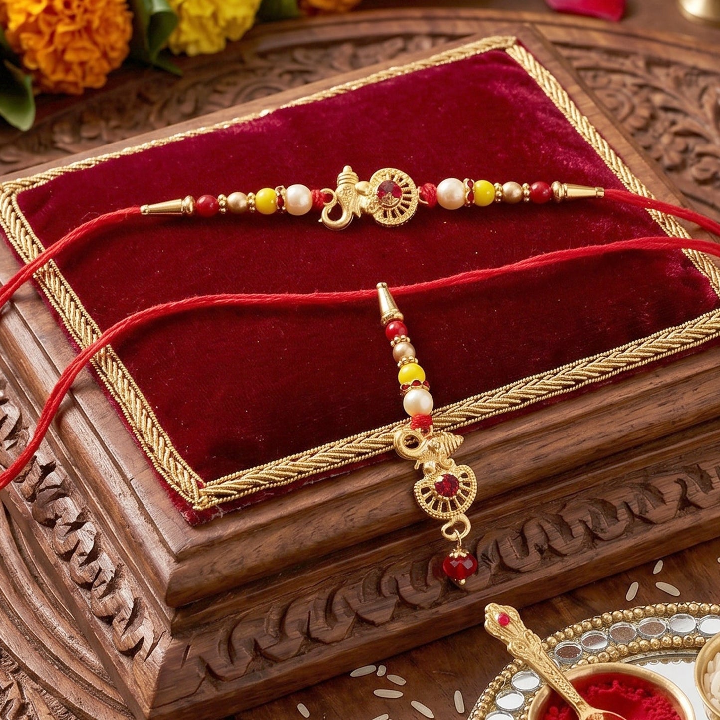 Close-up of golden Ganesha rakhi with lustrous pearl beads