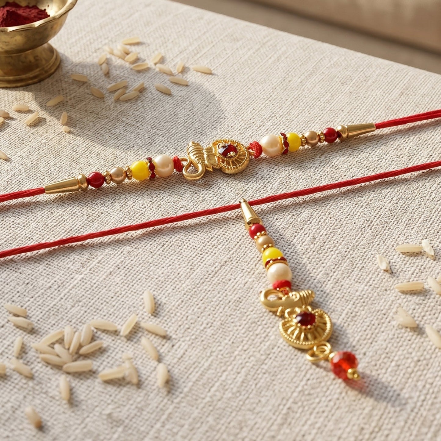 Golden Ganesha rakhi showing detailed pearl bead work