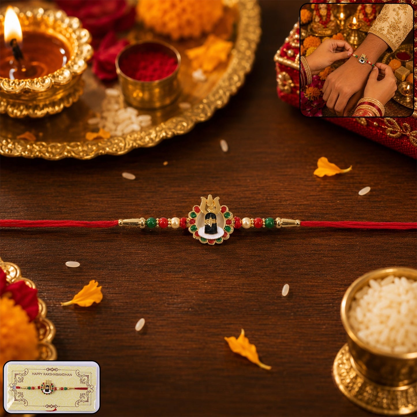 Shivling Design Rakhi with colorful beads on white background