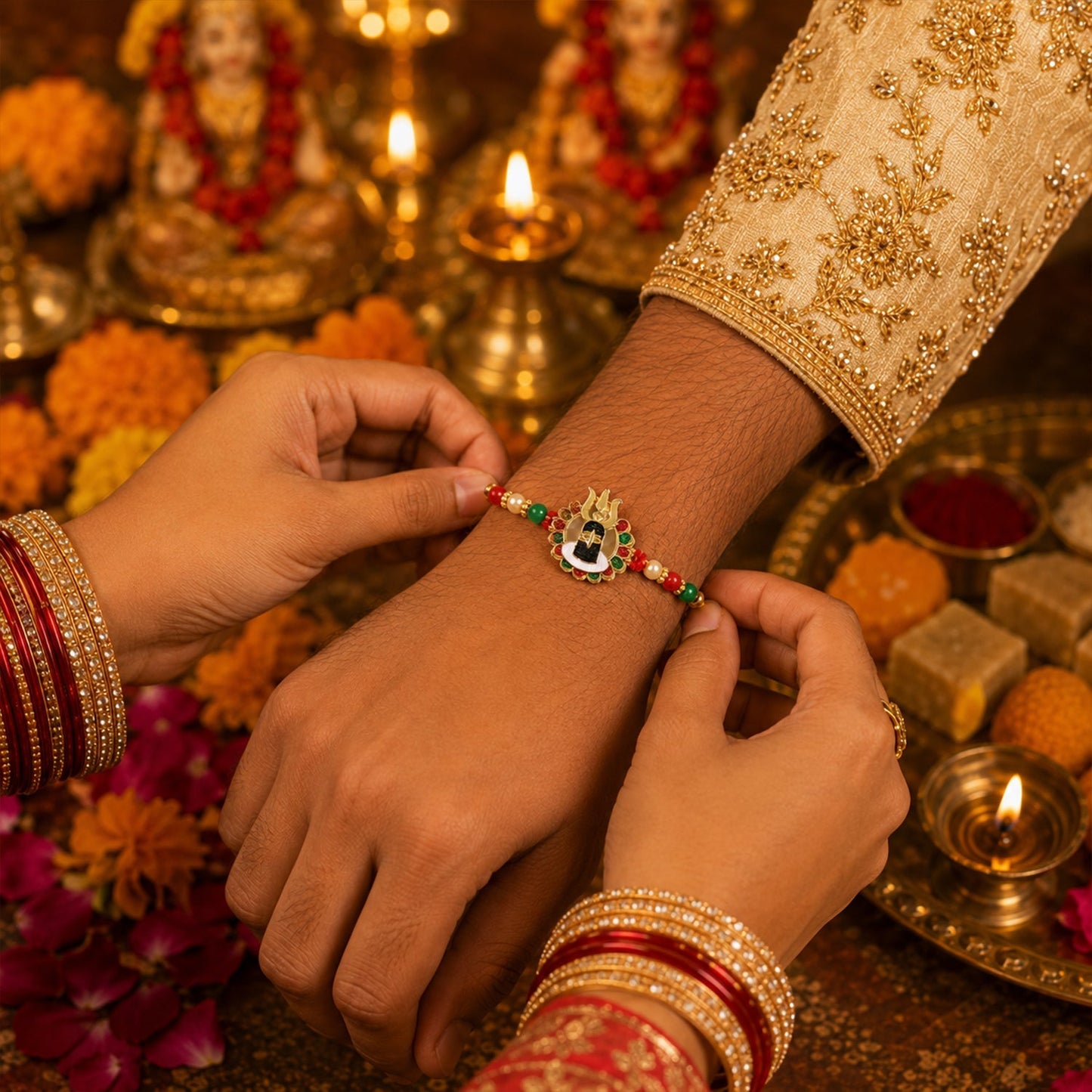 Shivling Design Rakhi showing soft thread and beads