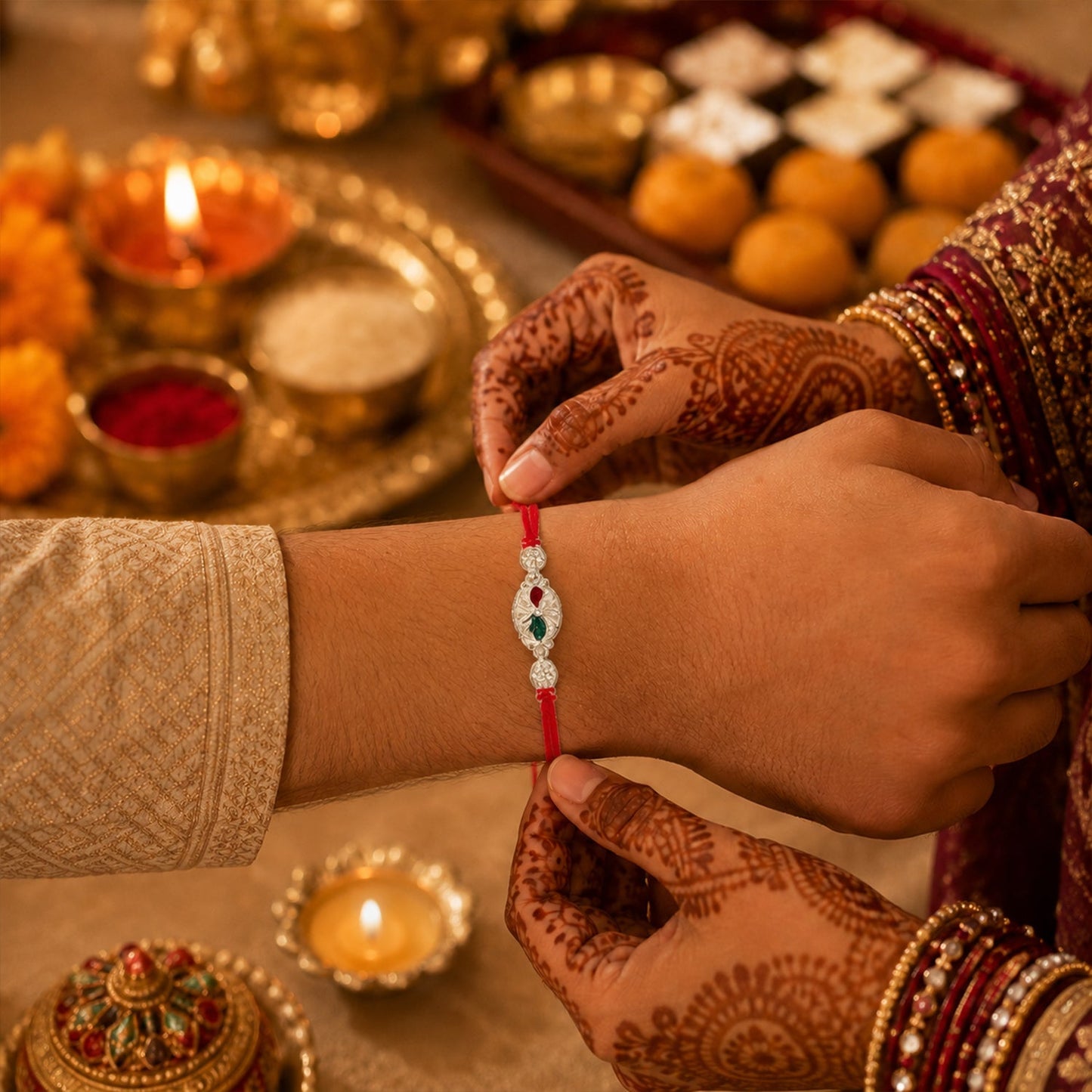 Close-up of silver oval Rakhi with beads and soft red thread