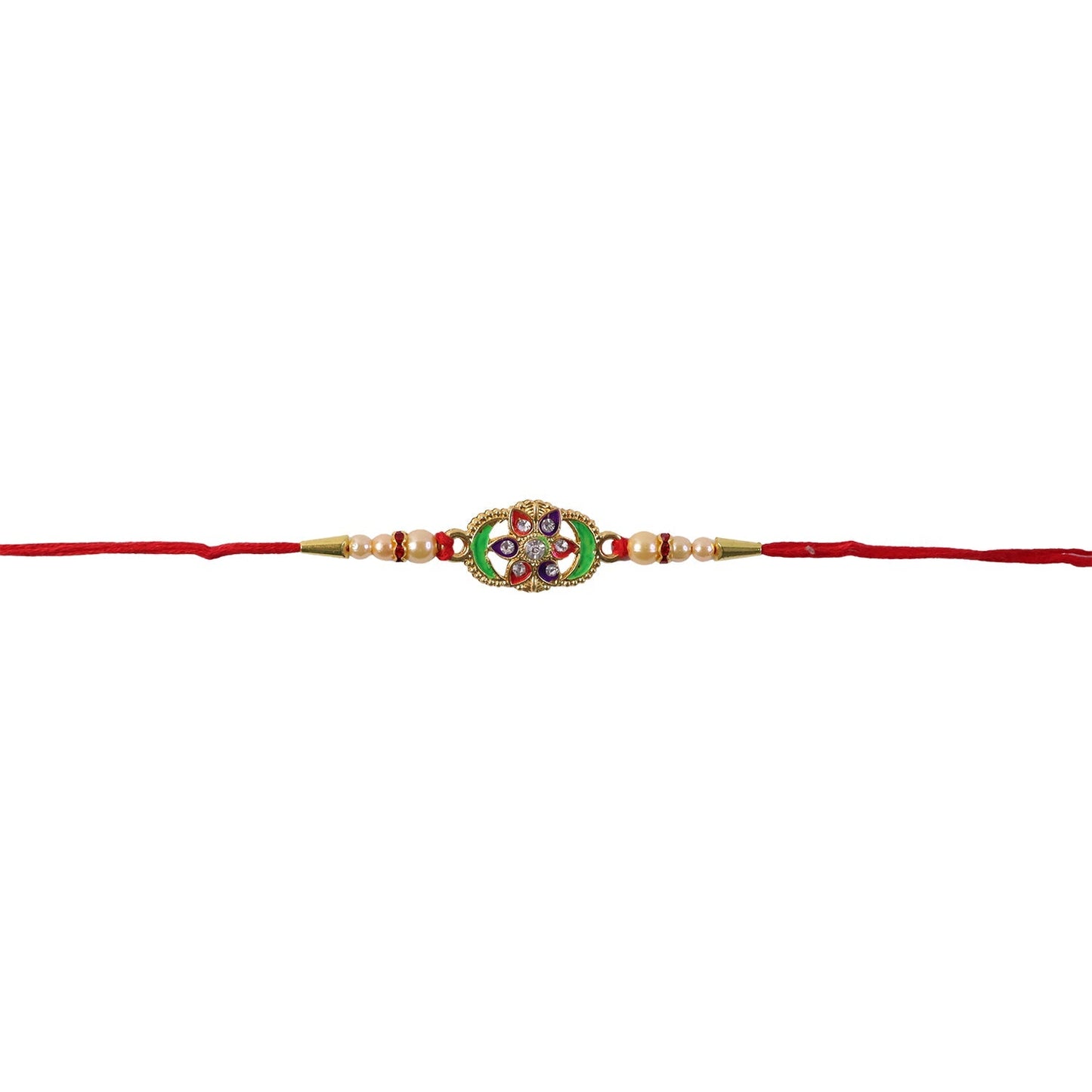 Festive Rakhi showcasing floral pattern and pearl beads