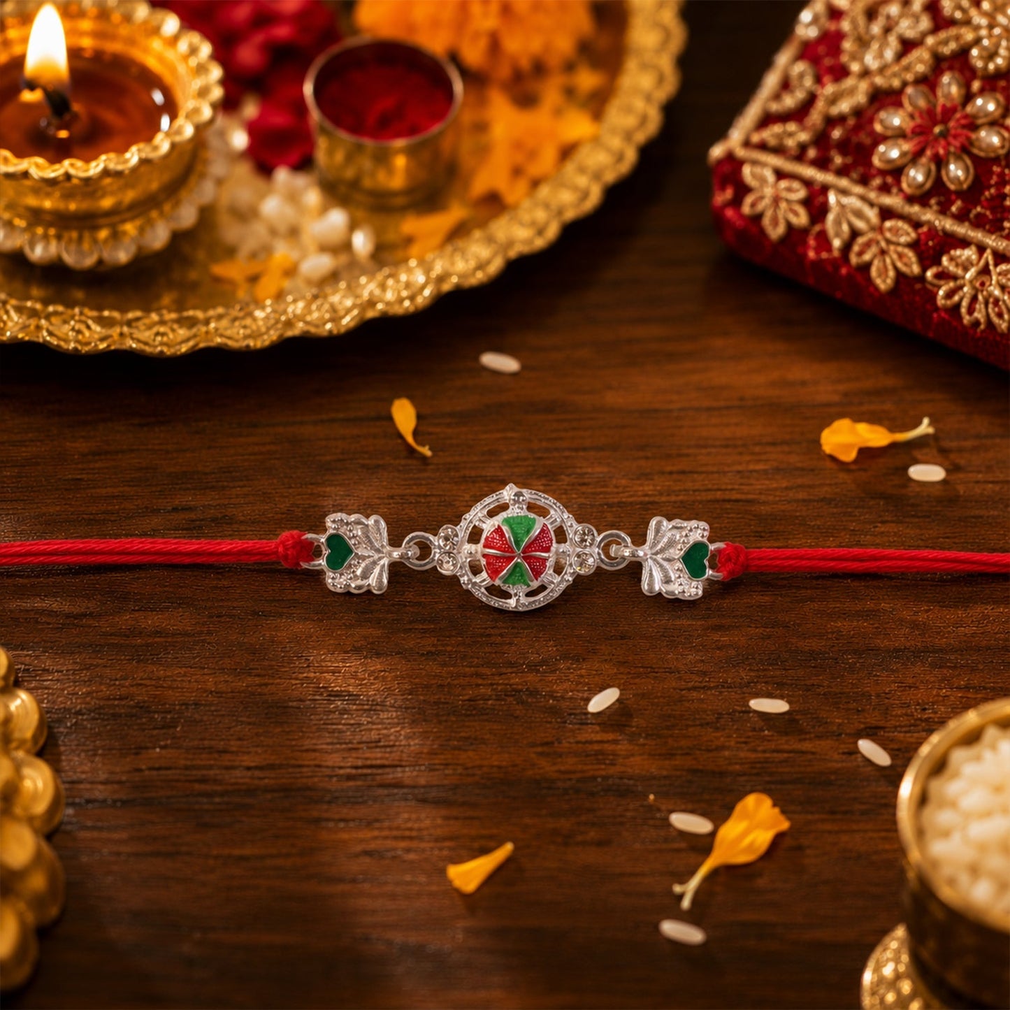 Side angle of Silver Floral Rakhi with floral centerpiece