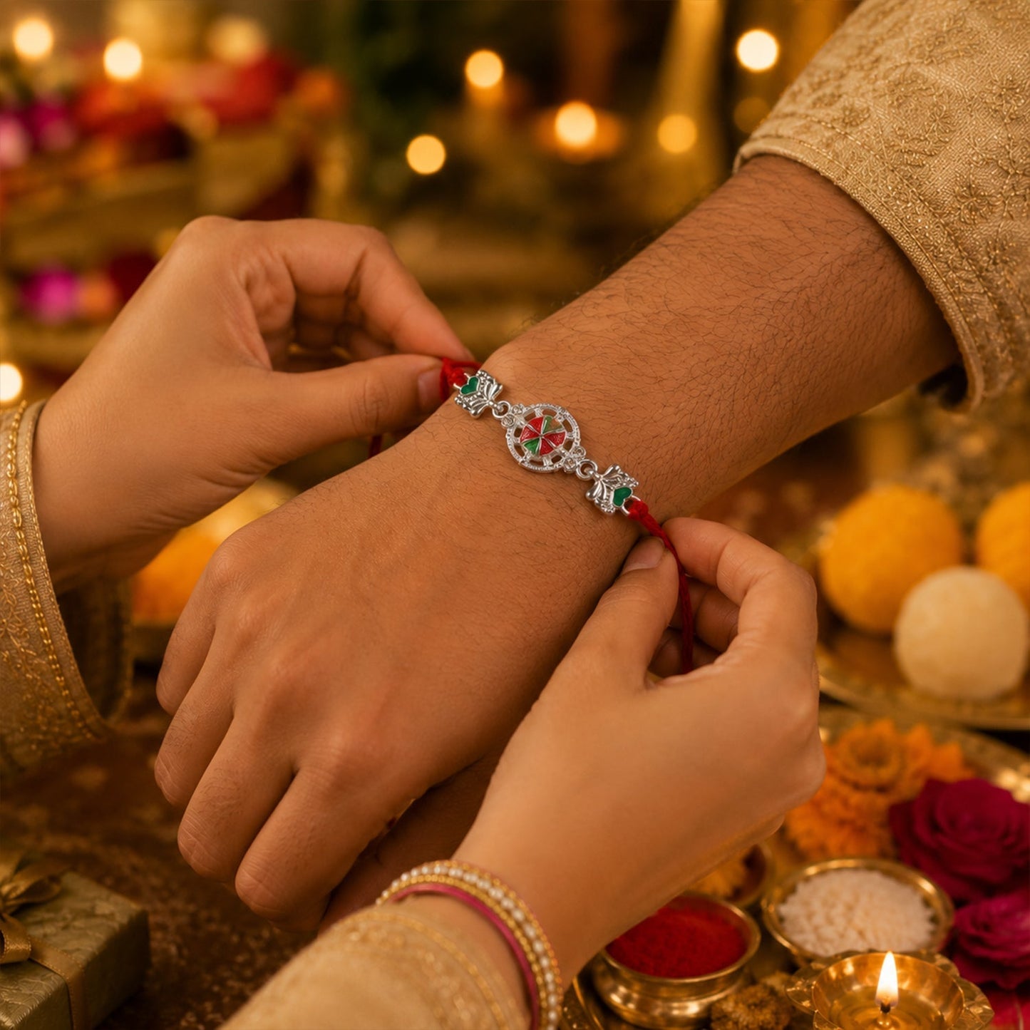 Close-up of decorative beads on Silver Floral Rakhi