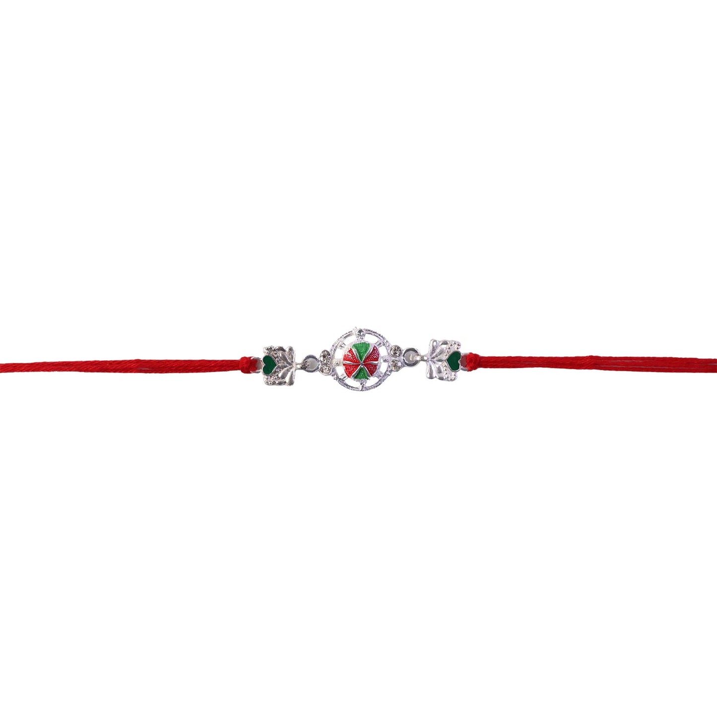 Silver Floral Rakhi displayed with red thread details