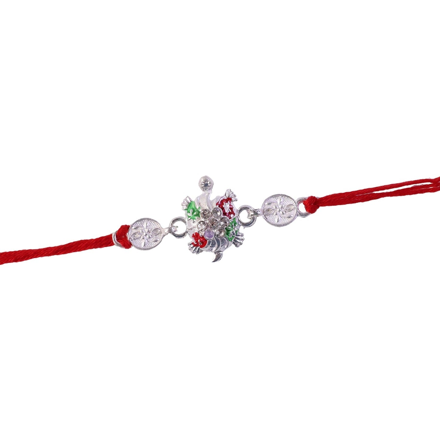 Top view of rakhi showing enamel work and bead details
