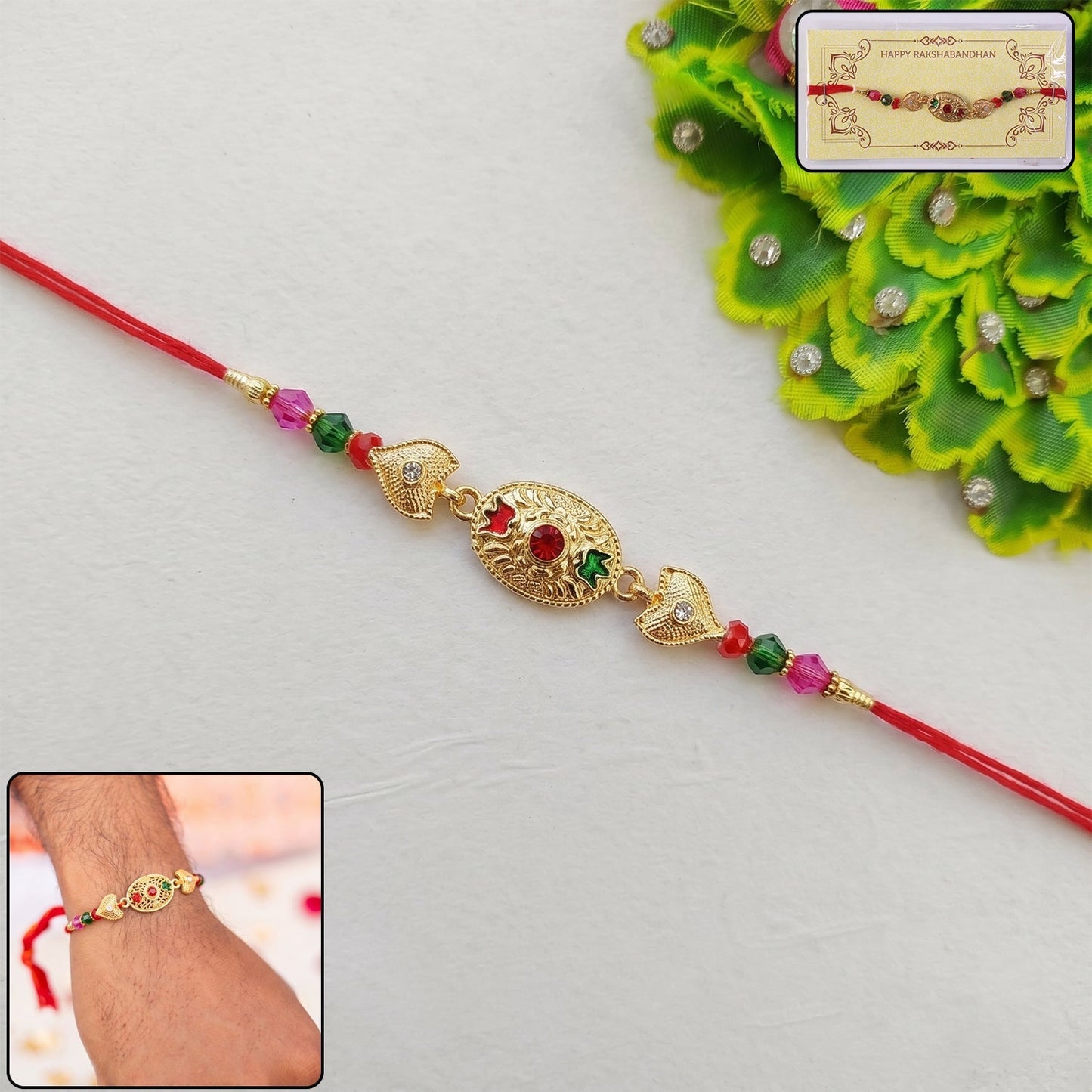 Golden oval design Rakhi with colorful beads on soft thread