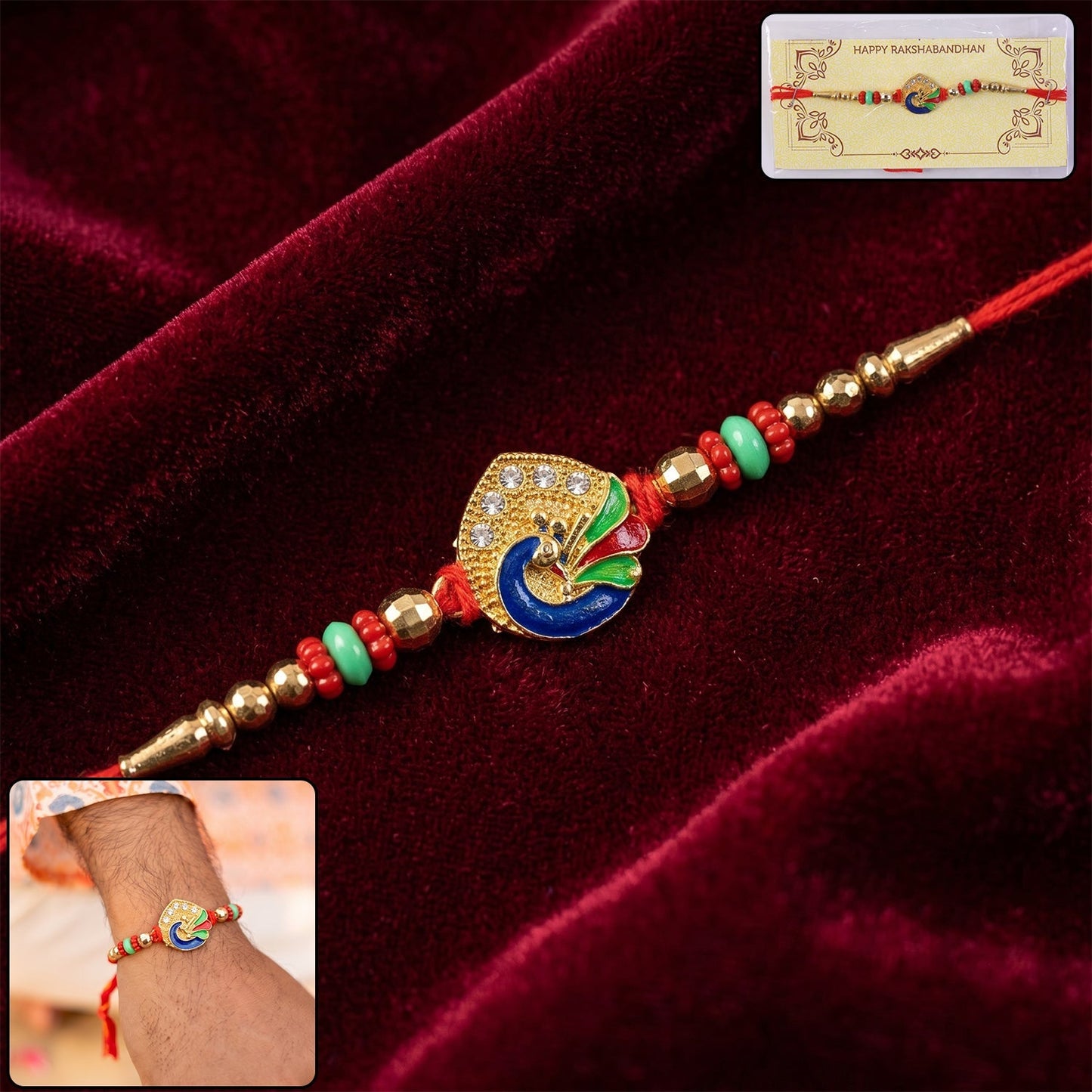 Colorful peacock design Rakhi with decorative beads and intricate details