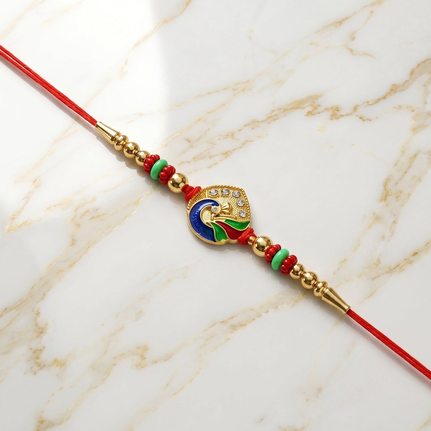 Side angle of peacock Rakhi with beads and colorful design