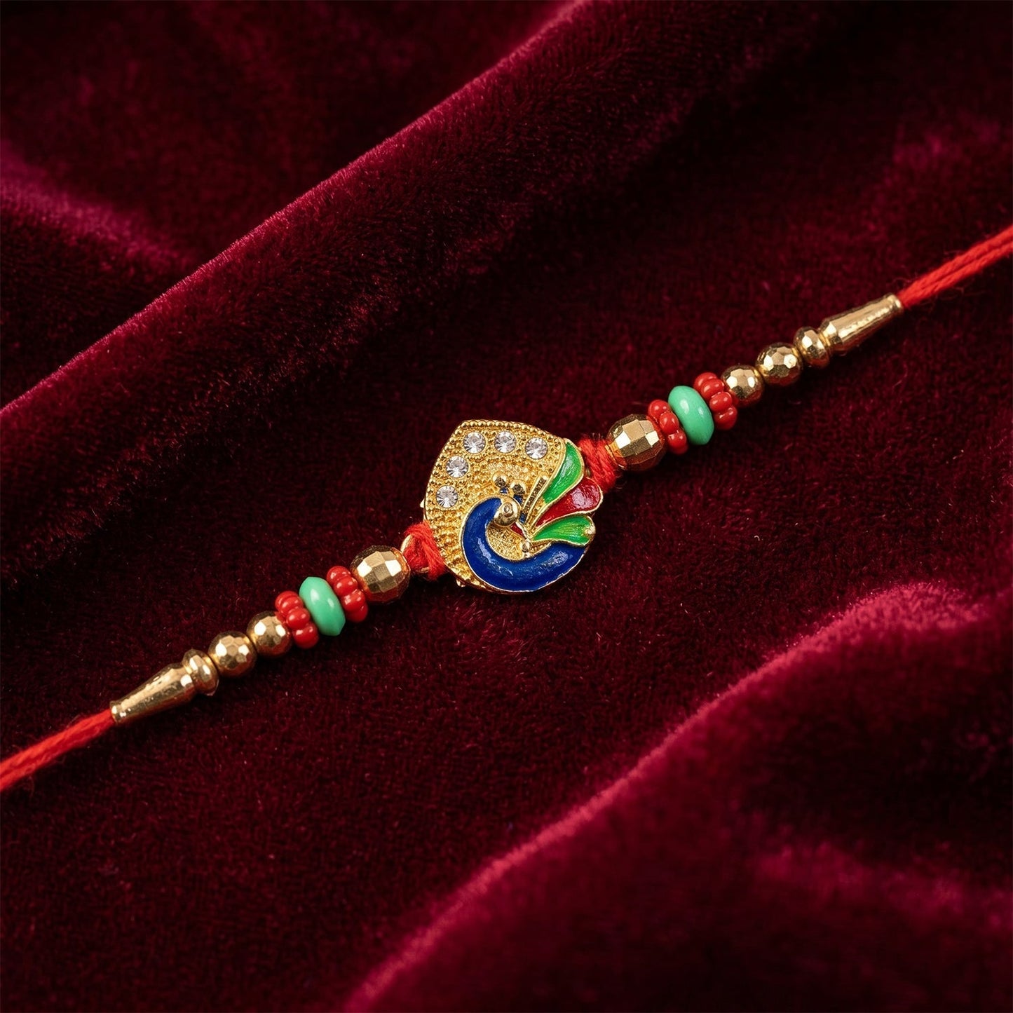 Stylish peacock Rakhi with multiple bead colors and traditional look
