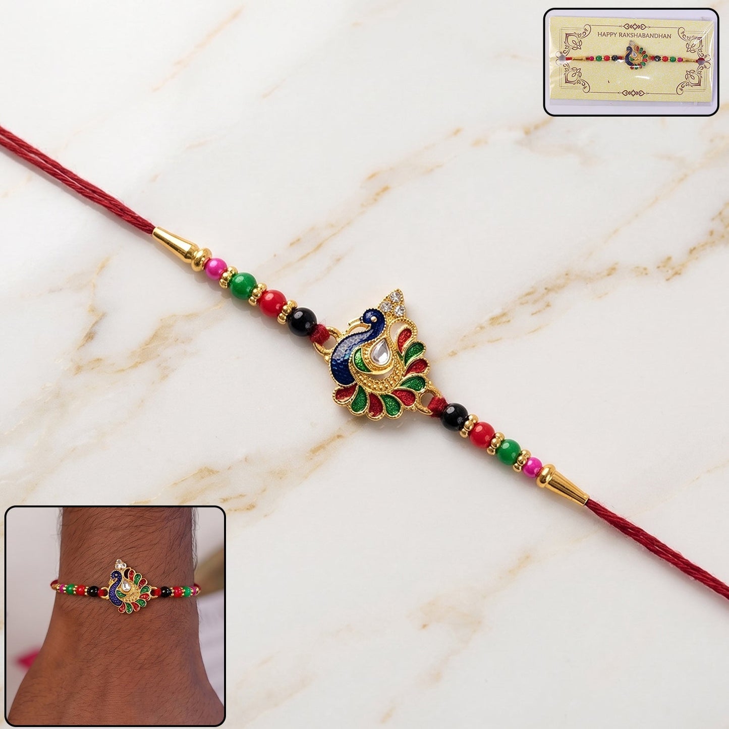 Vibrant designer Peacock Rakhi with multicolor beads on white background