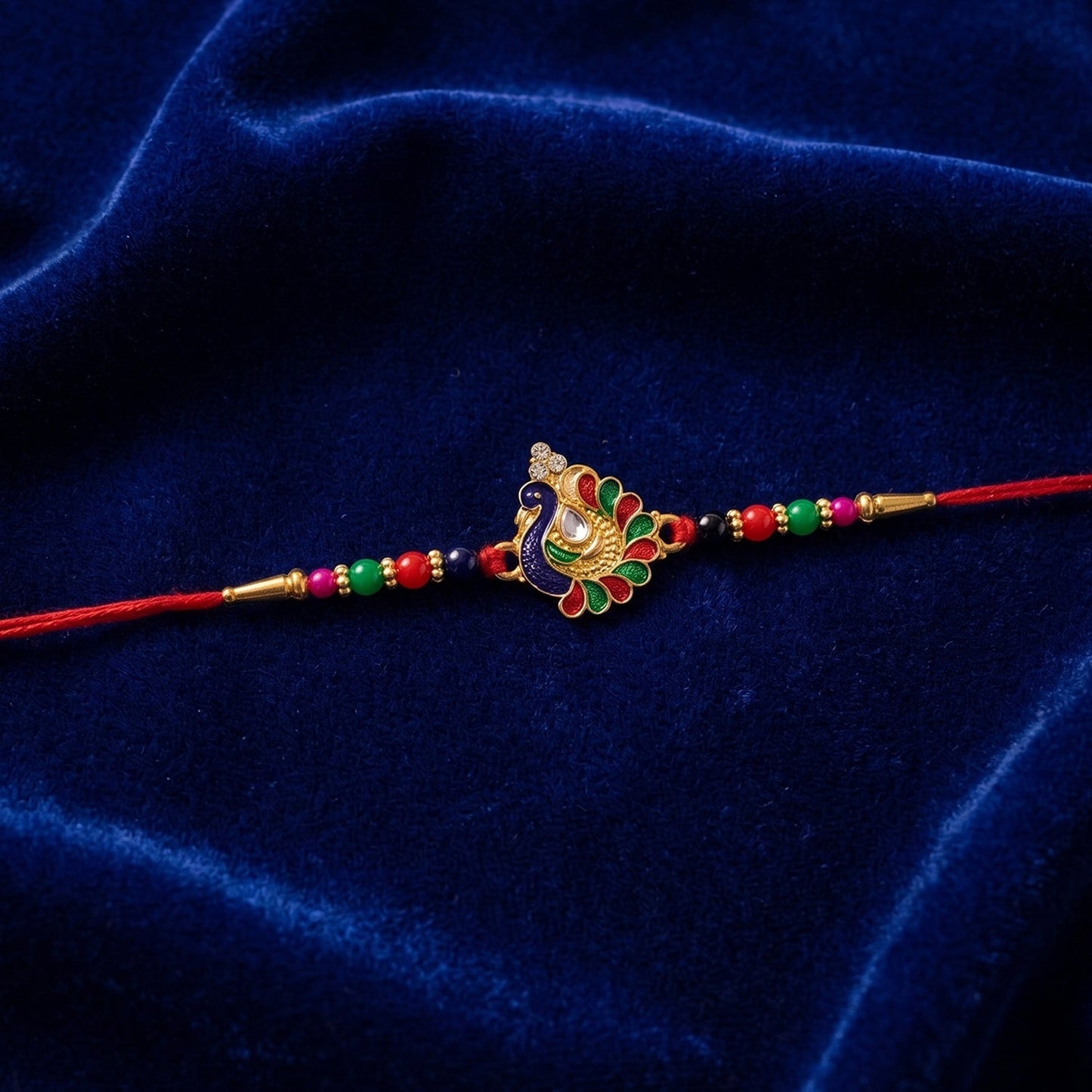 Detailed beadwork and soft thread on peacock Rakhi