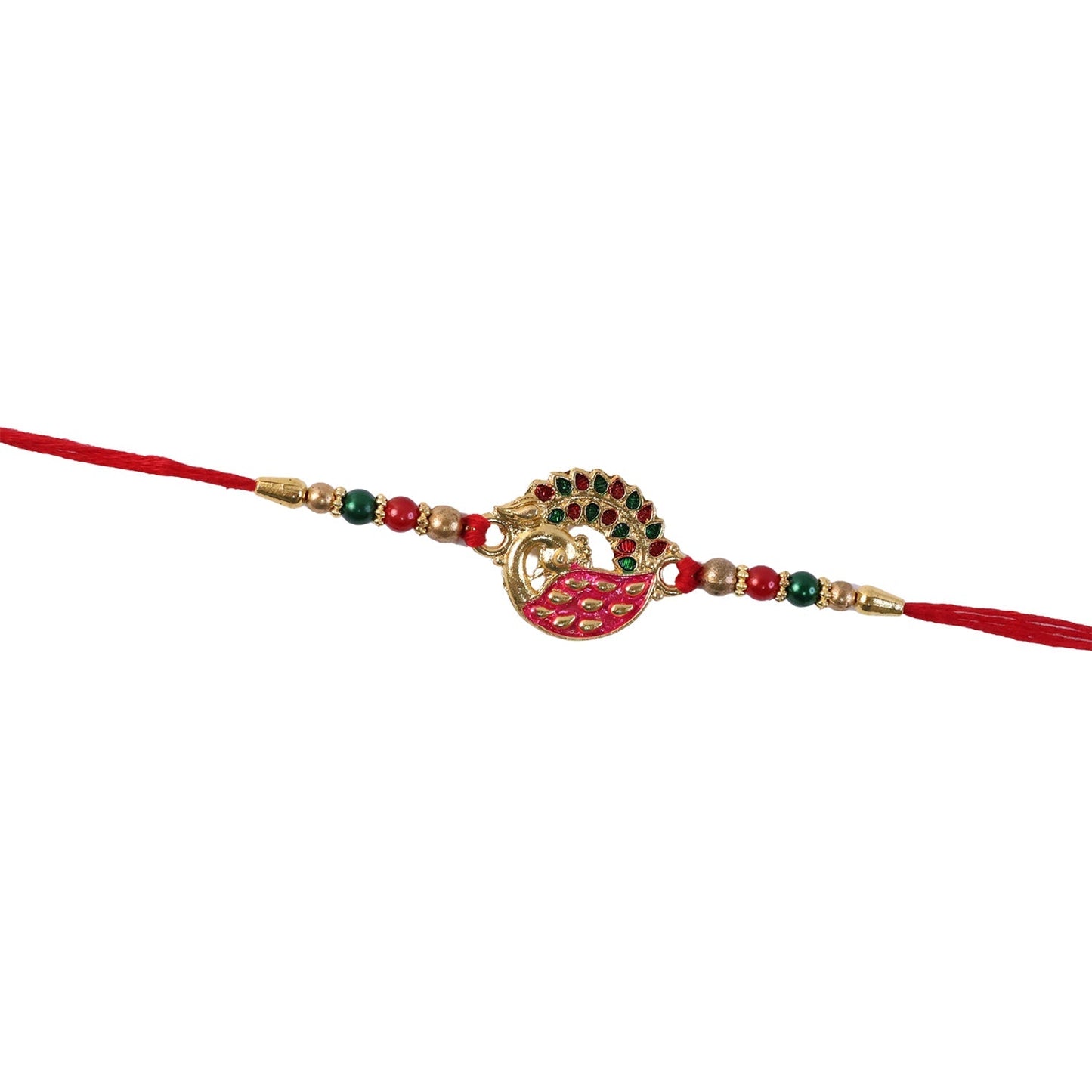Side view of Pink Peacock Rakhi with beads