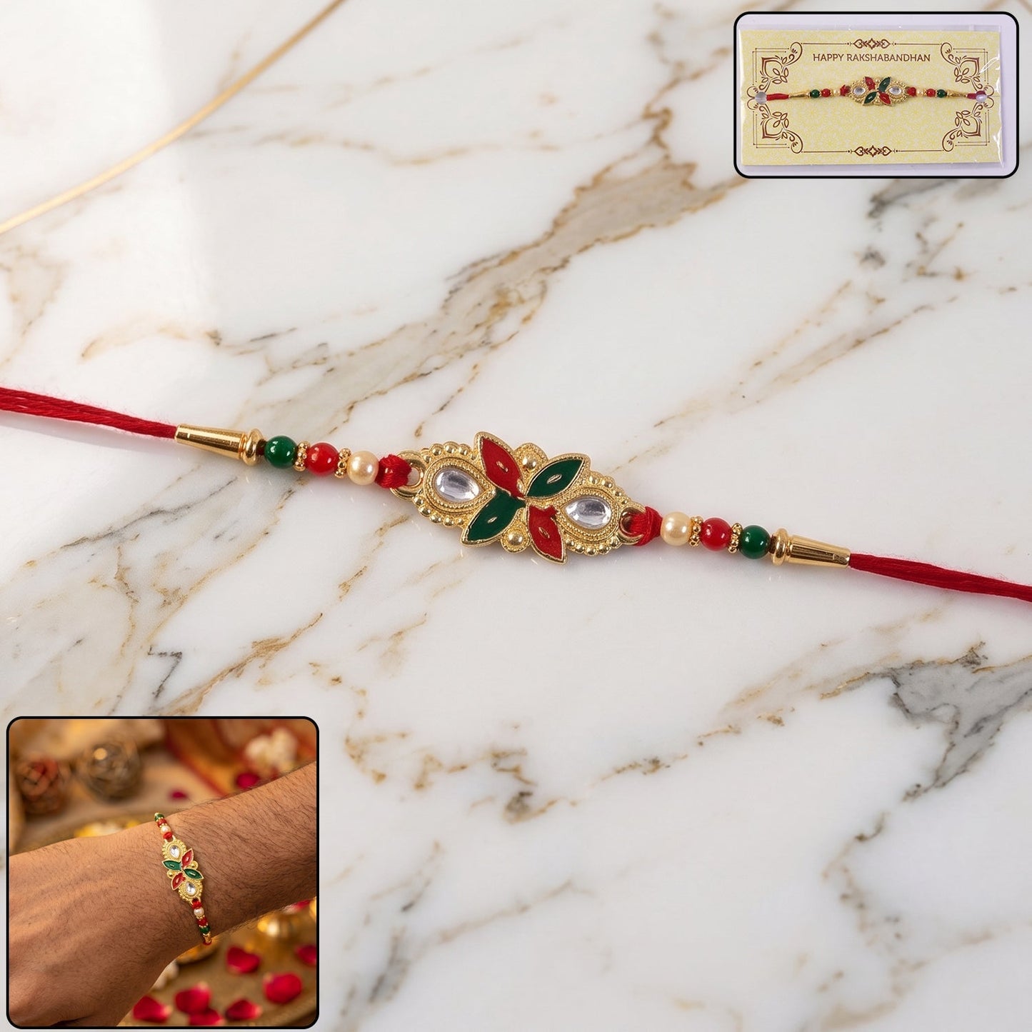 Floral Leaf Rakhi with colorful beads - front view, perfect for Raksha Bandhan