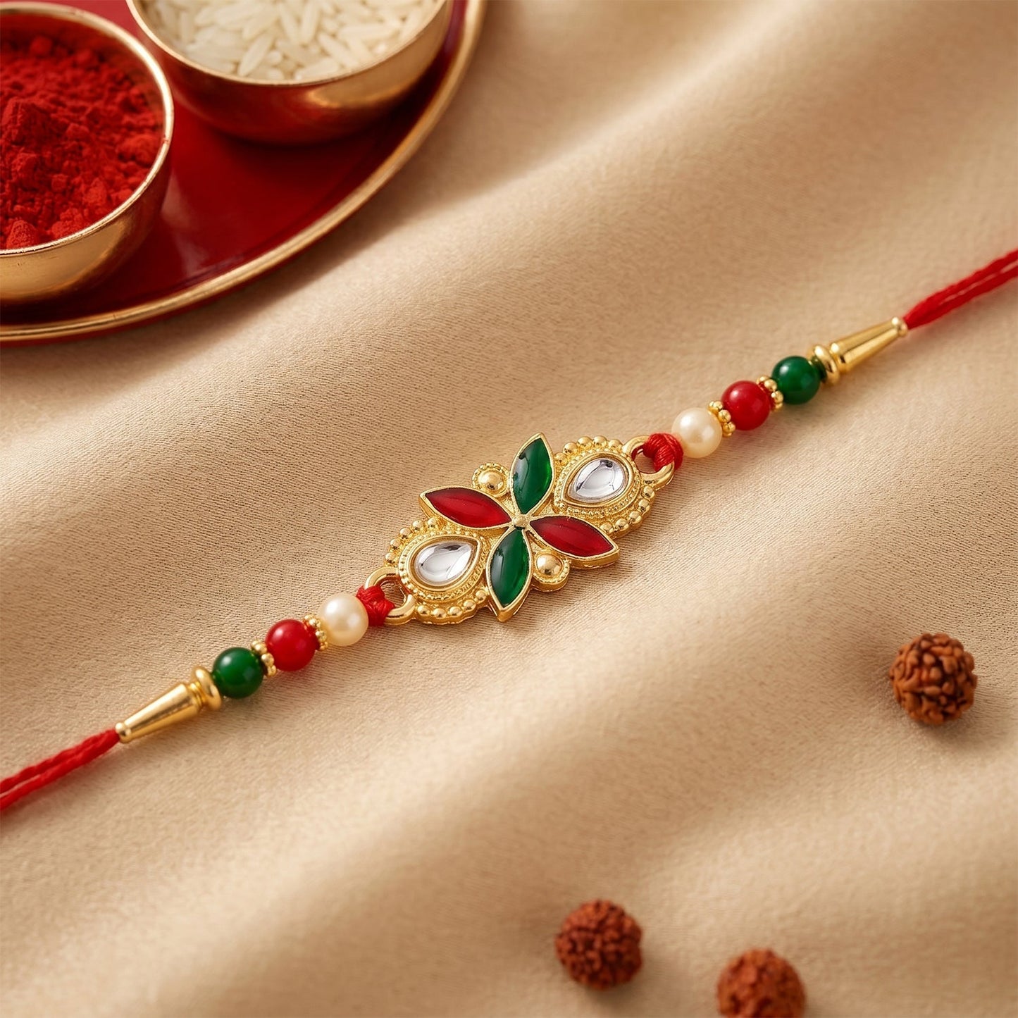 Soft thread detail on floral leaf Rakhi for comfortable wear
